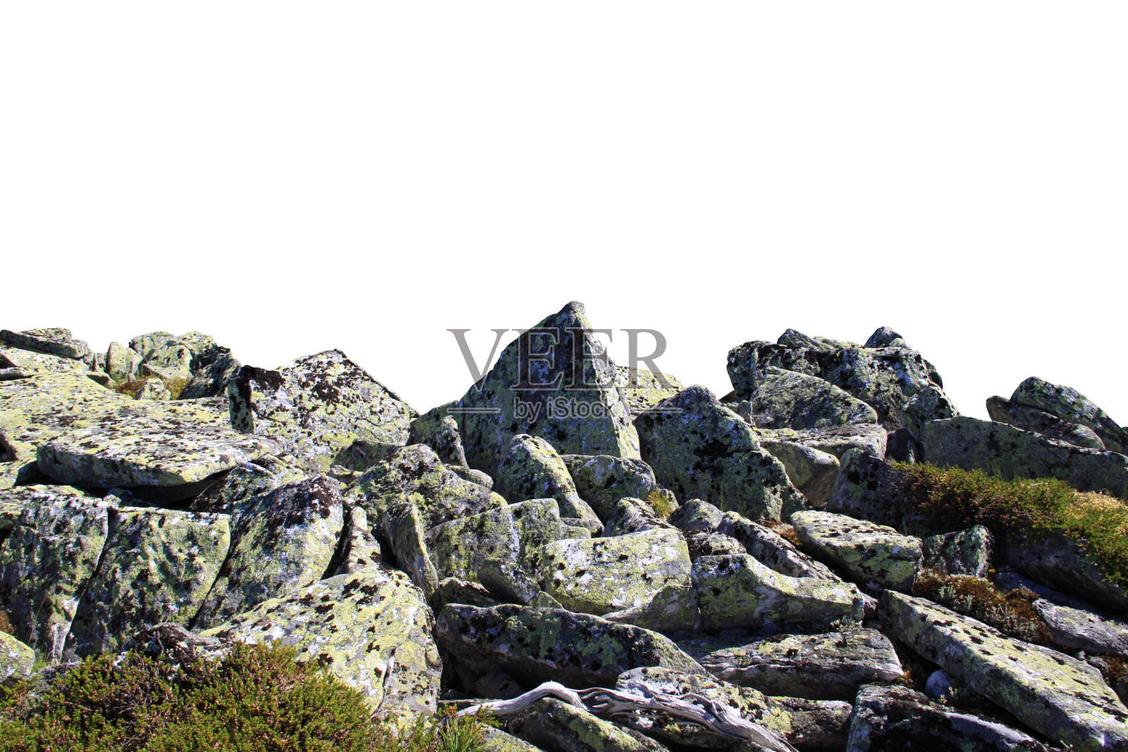 岩石山坡或顶部前景特写孤立在白色背景。元素为哑光绘画，复制空间。照片摄影图片