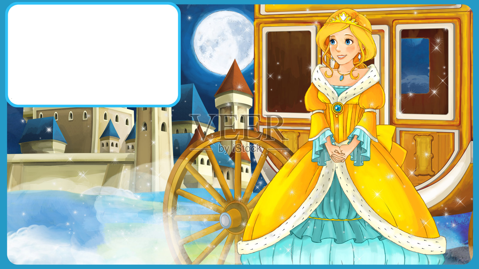 卡通场景与公主或皇后看飞行仙女-美丽的城堡和马车在背景与框架文本插画图片素材
