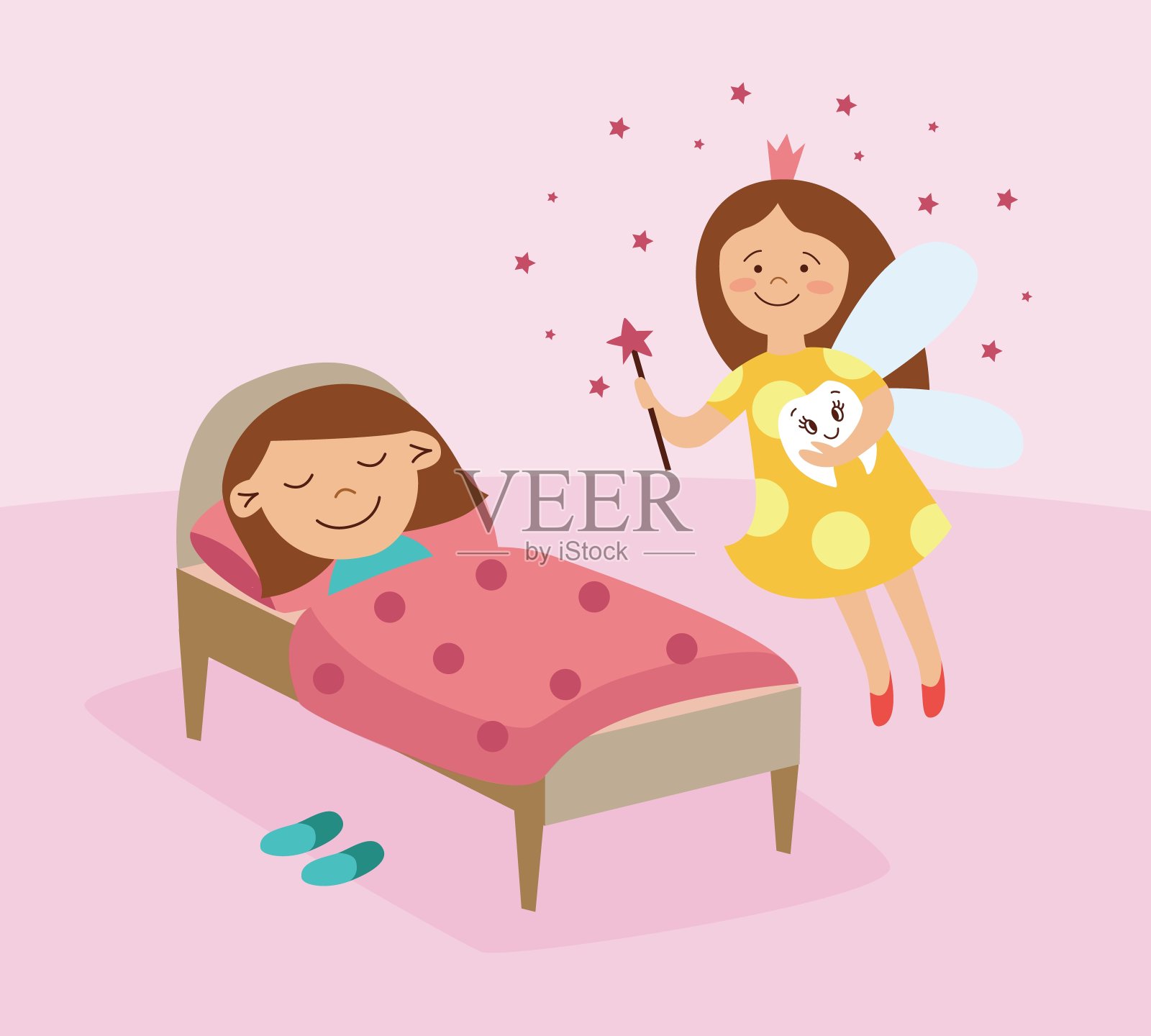 一个牙仙子飞到睡在床上的小女孩身上。插画图片素材