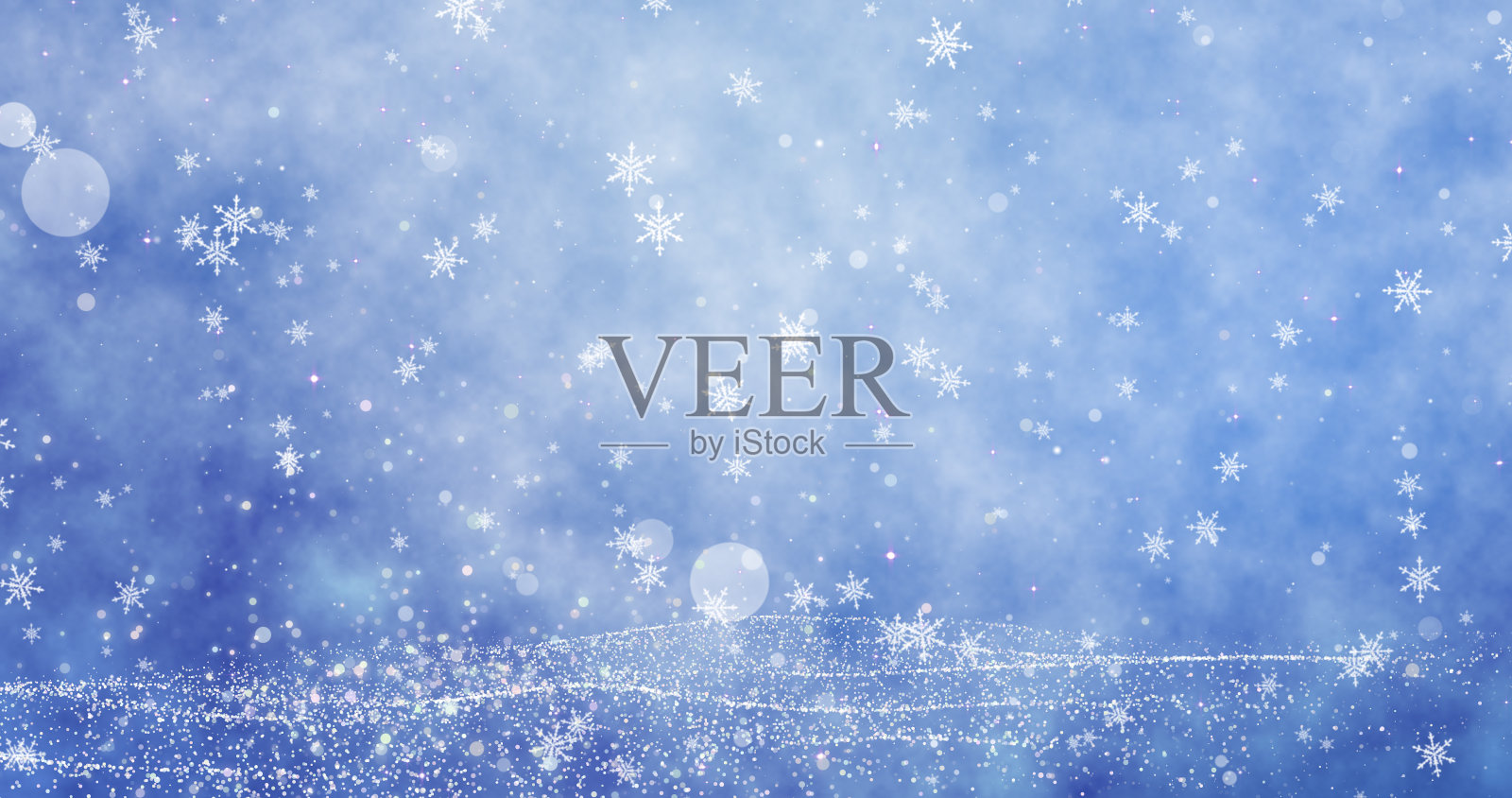 雪花和散景灯在蓝色的圣诞快乐的背景。三维渲染插画图片素材