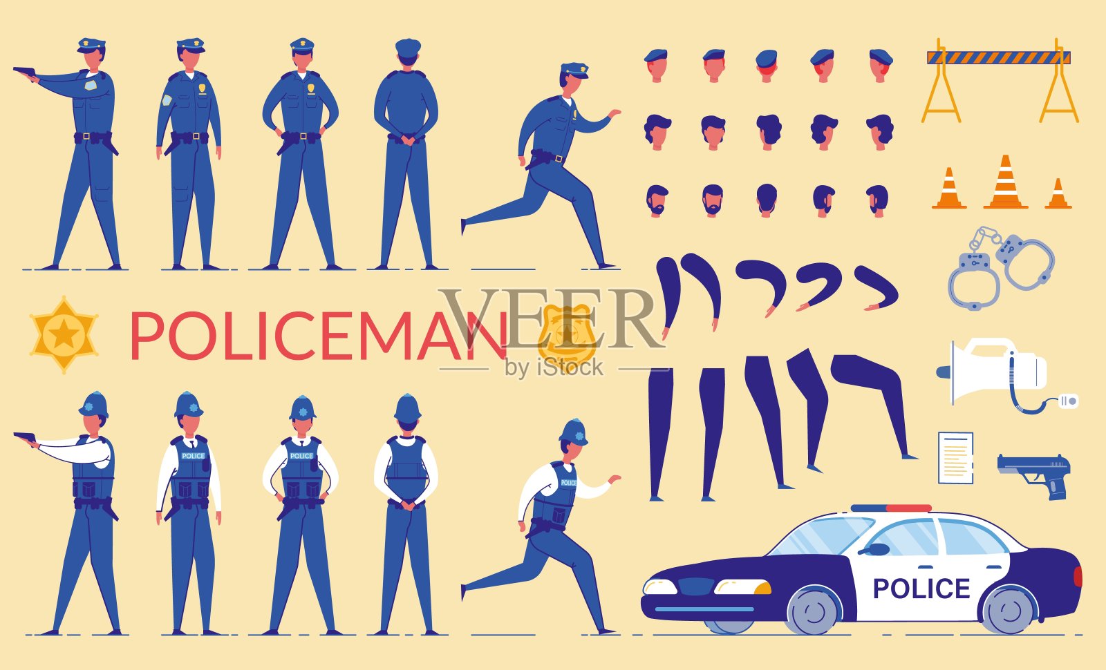 警察角色构造器，散弹枪，汽车。设计元素图片