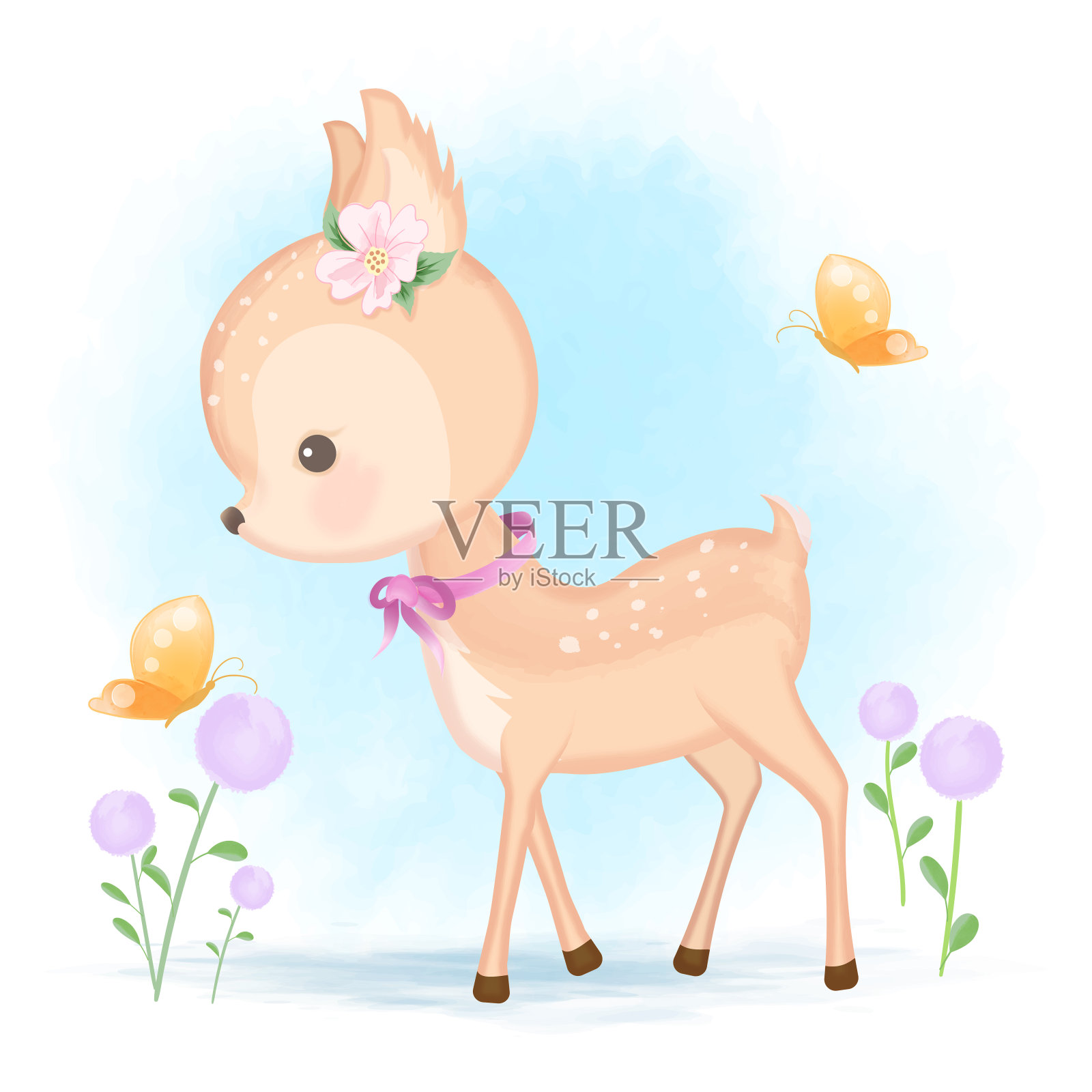 可爱的小鹿和蝴蝶手绘动物卡通插图插画图片素材
