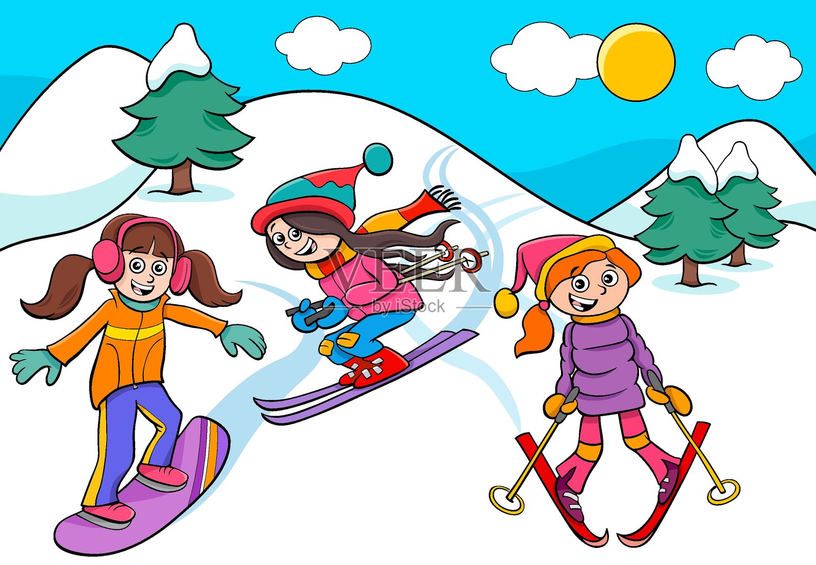 单板滑雪和滑雪女孩卡通插图设计元素图片