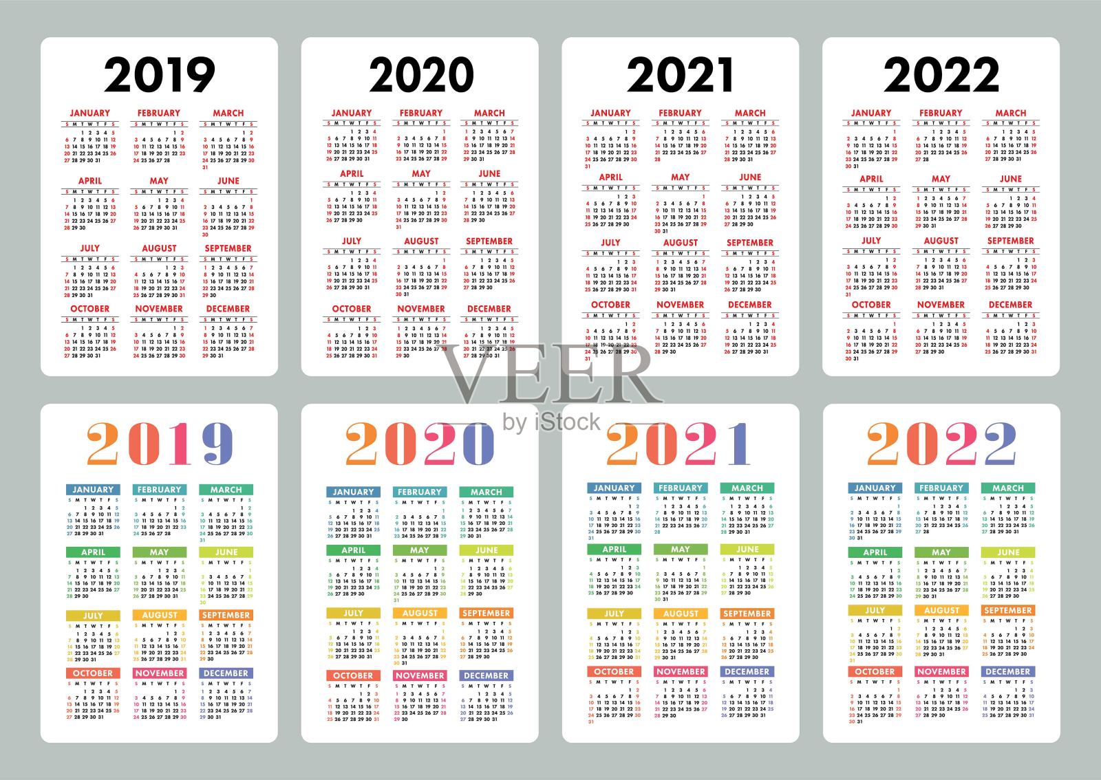 日历2019年，2020年，2021年，2022年。色彩斑斓的向量集。一周从周日开始。垂直压延机设计模板设计模板素材