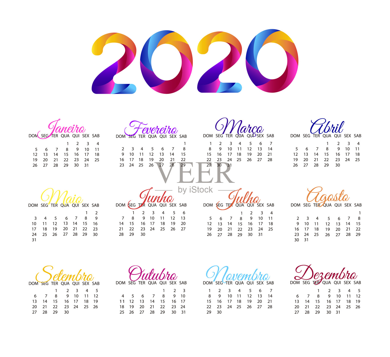 2020年日历葡萄牙矢量。年历网格布局。插画图片素材