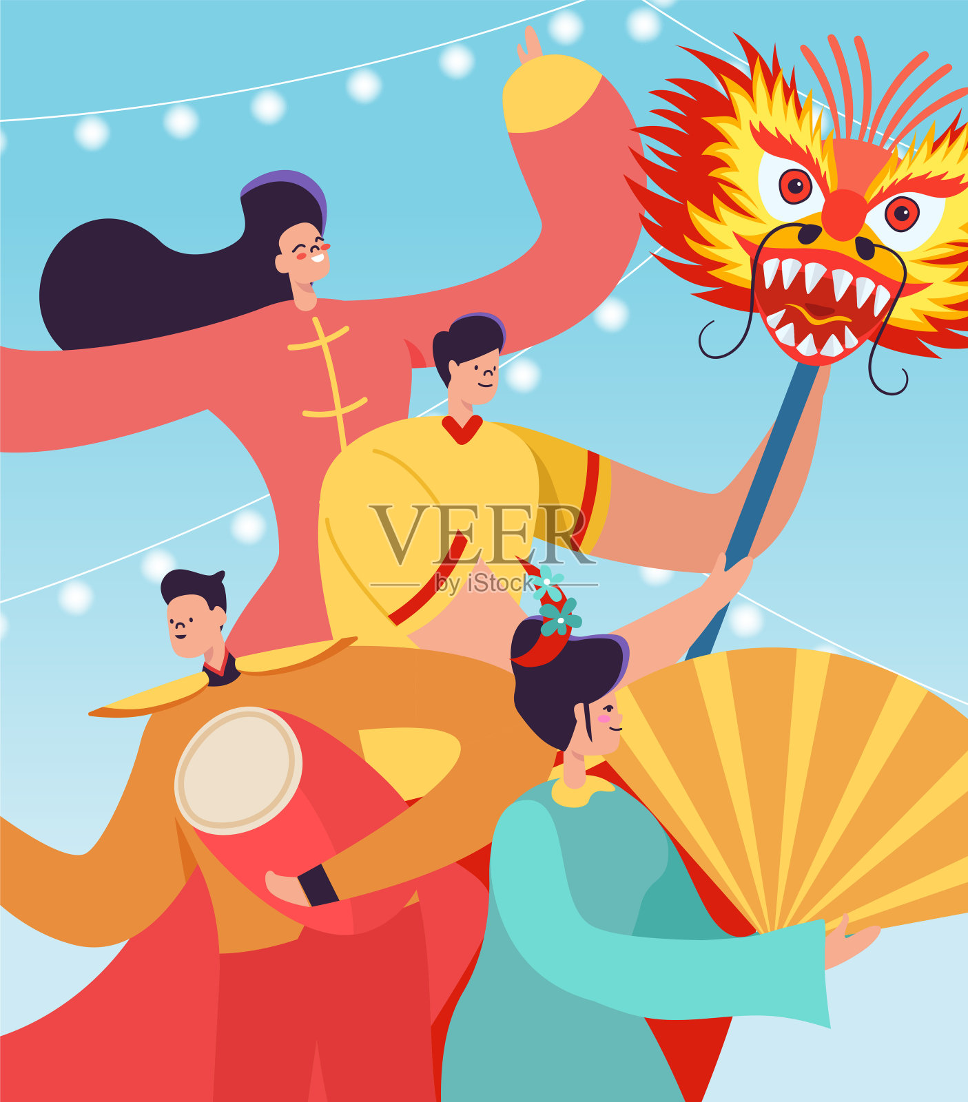 中国人庆祝农历新年。舞龙舞狮，穿着中国传统服装的男女角色在游行或狂欢节上。矢量图插画图片素材