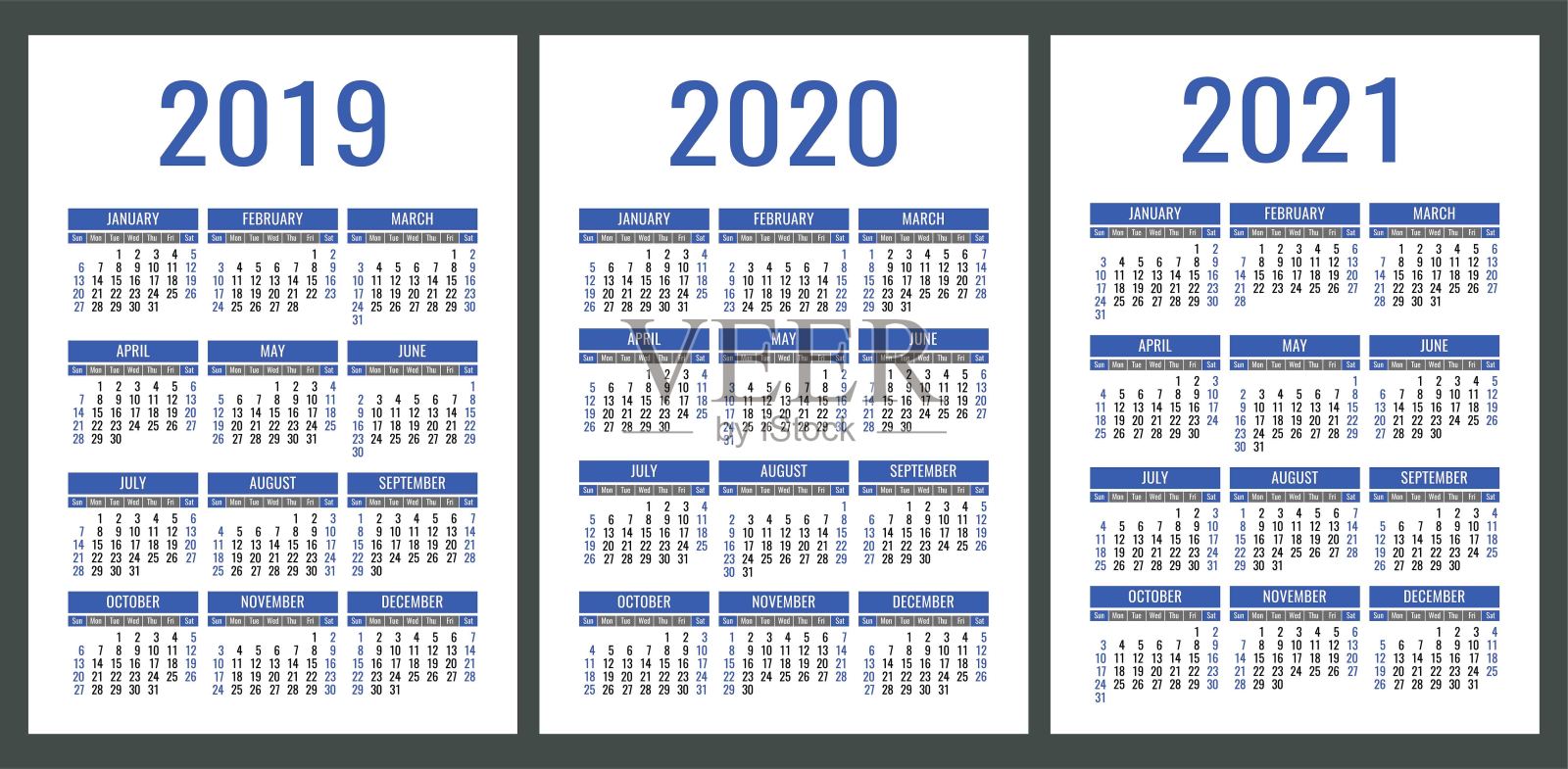 日历2019年，2020年，2021年。垂直压延机简单设计模板。蓝色向量集。一周从周日开始设计模板素材