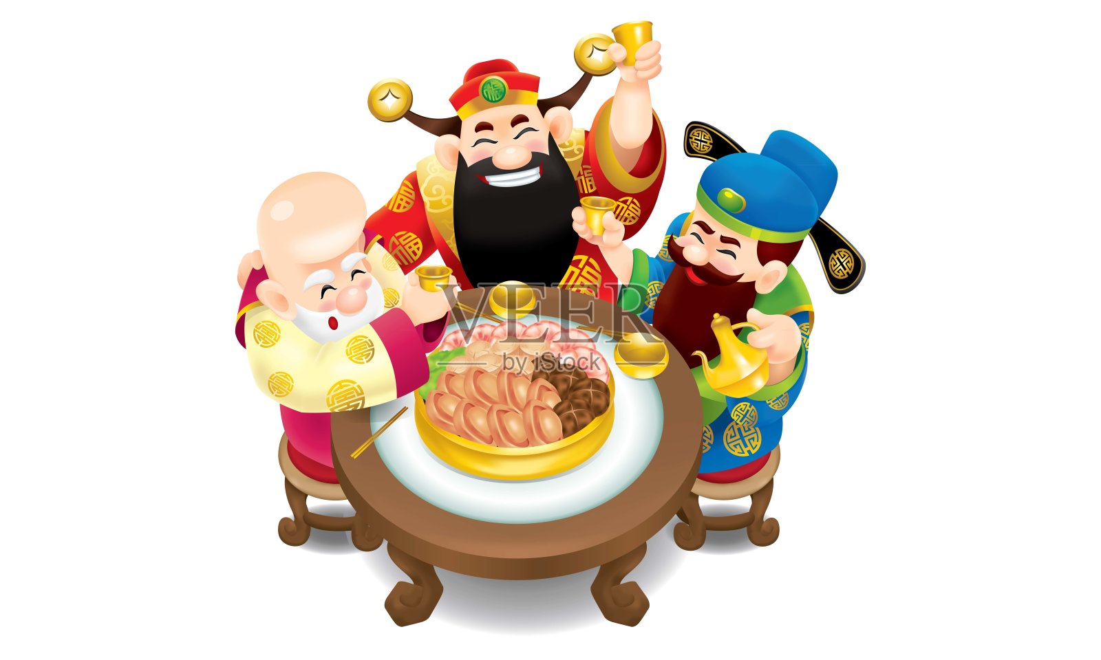 三位可爱的中国神(代表长寿、富有和事业)正在愉快地吃喝。设计元素图片