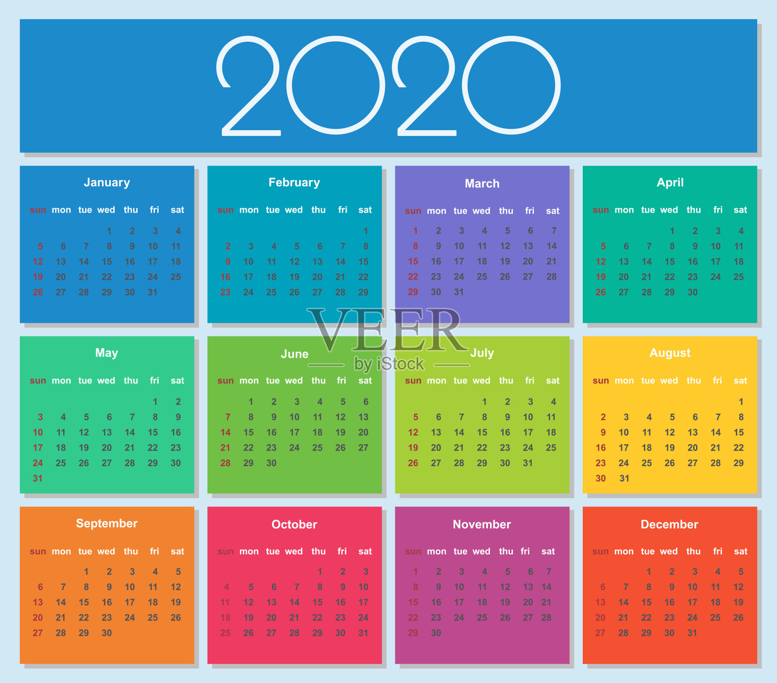 多彩2020日历。插画图片素材