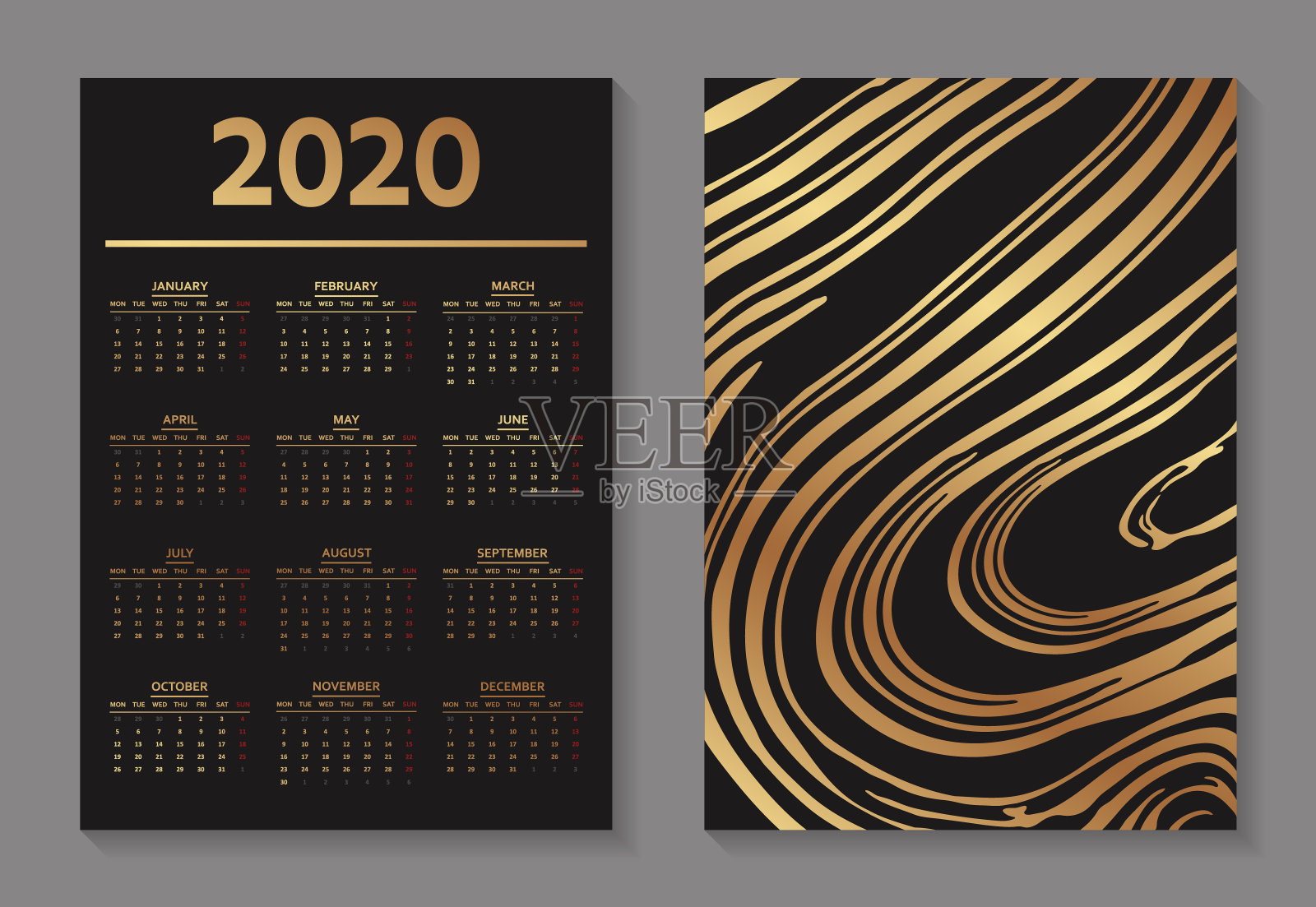 现代豪华模板日历2020年。设计模板素材