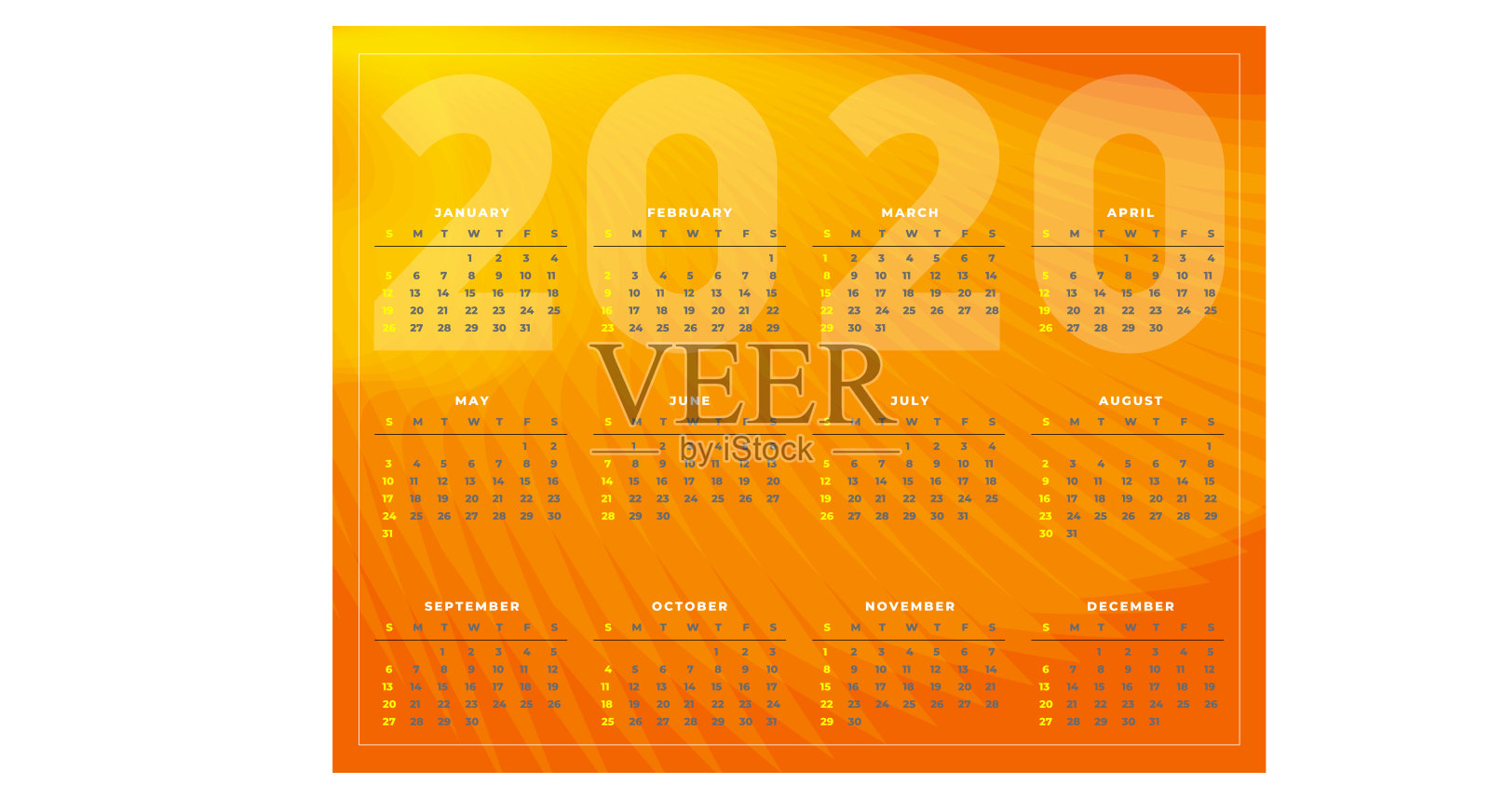 2020年日历。橙色的抽象背景设计模板素材
