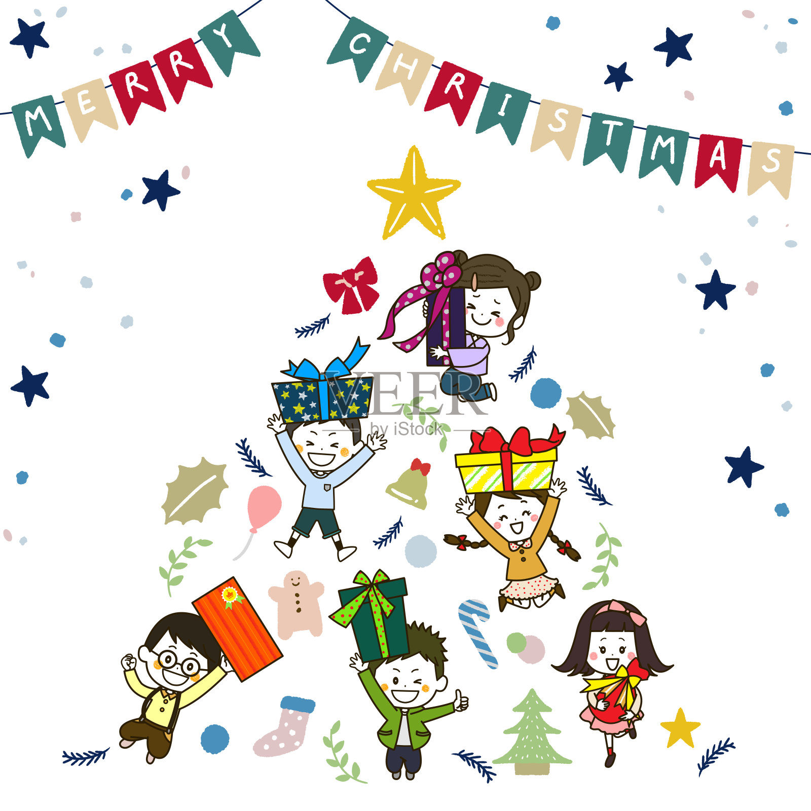 圣诞树形状的孩子的插图插画图片素材