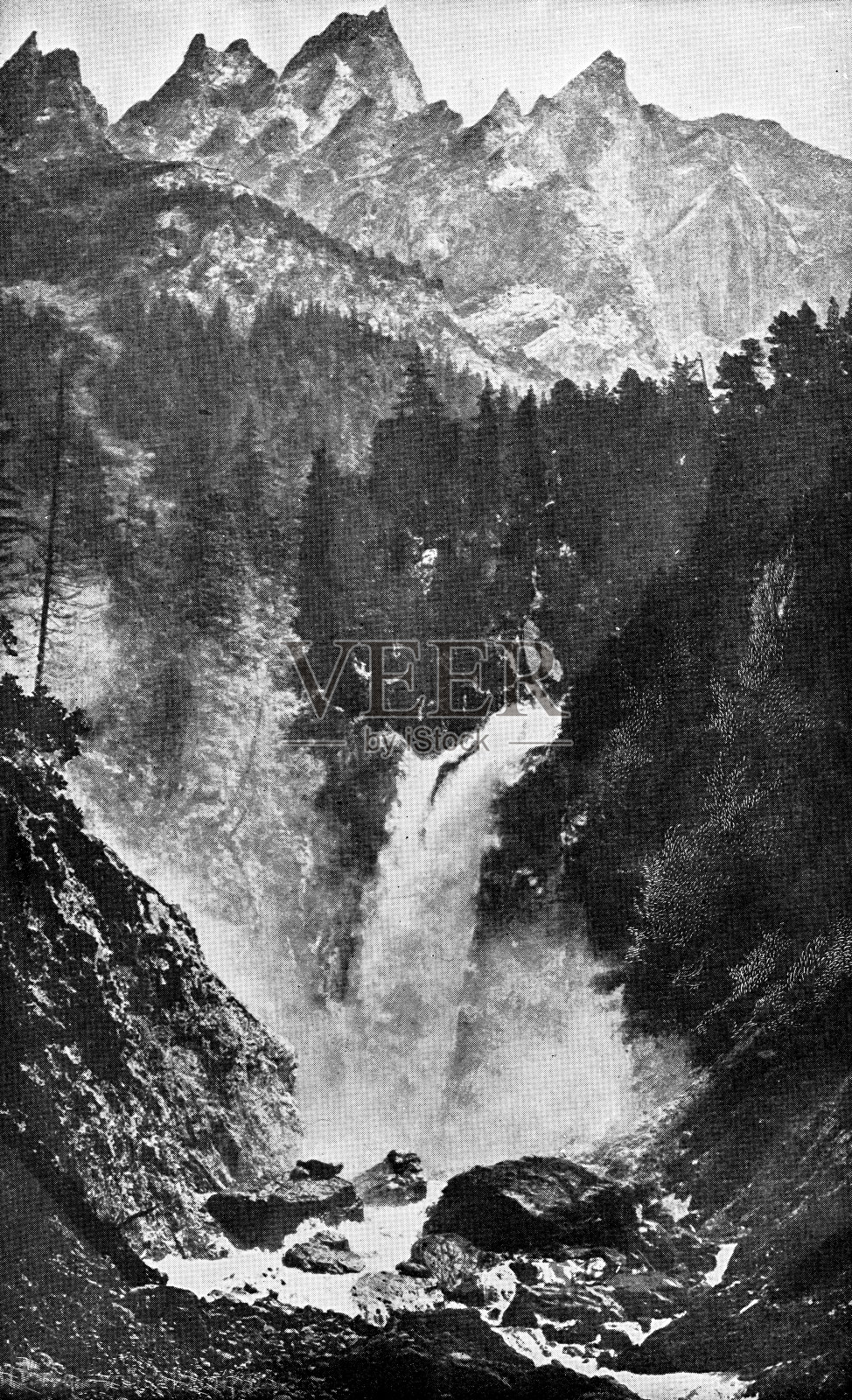 瀑布在恩格尔霍恩山前伯尔尼坎顿，瑞士- 19世纪照片摄影图片