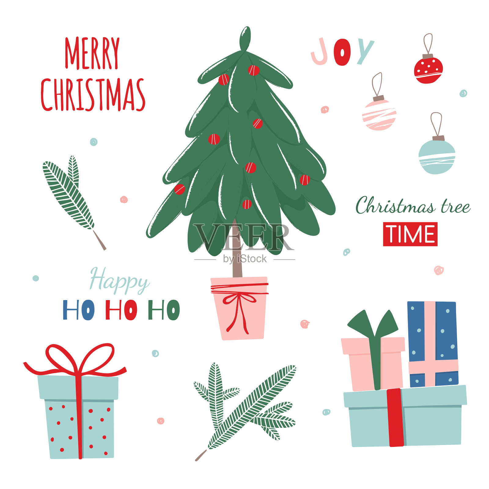 圣诞快乐模板与字母和传统节日元素插画图片素材