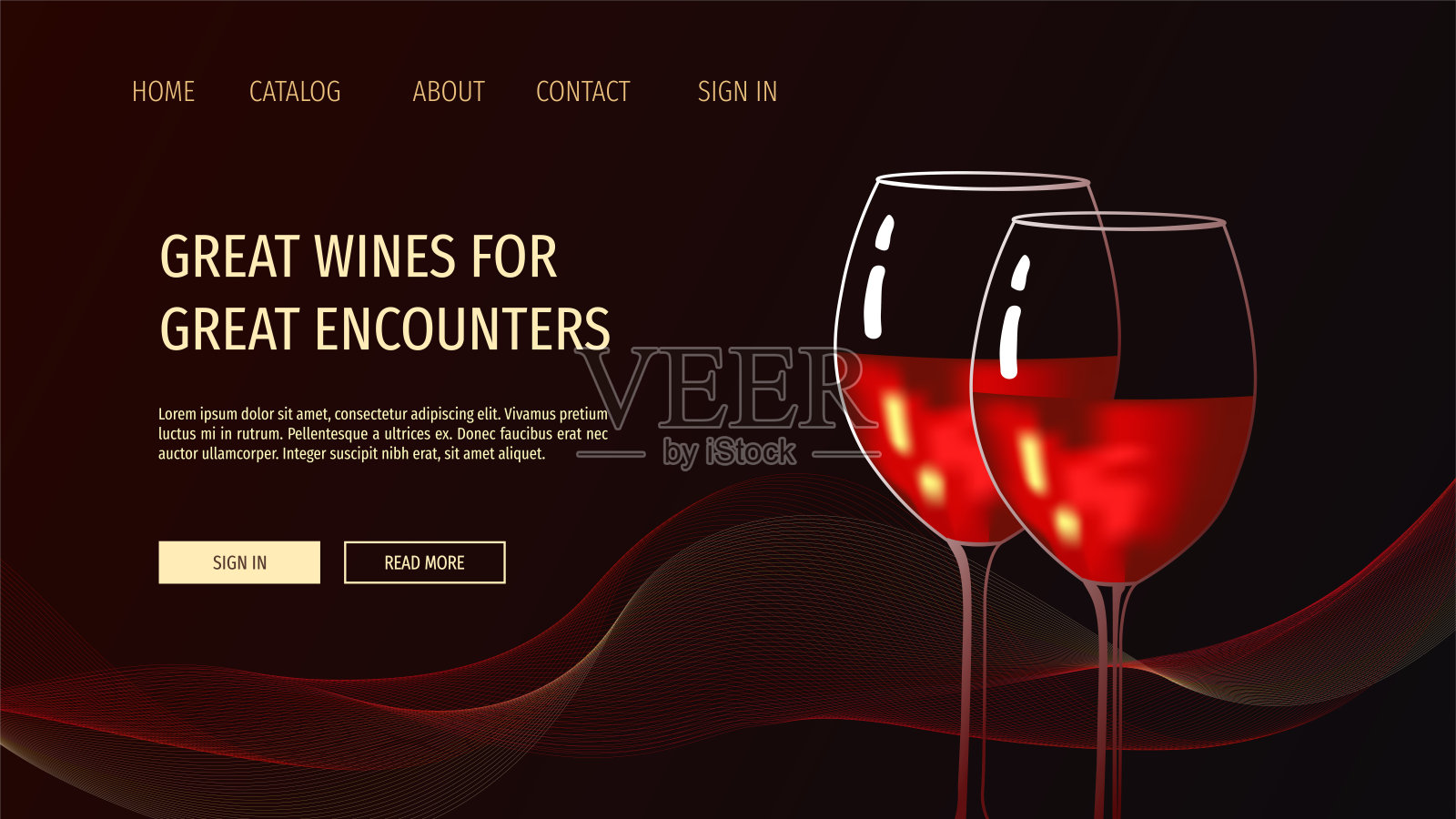 网页设计模板的葡萄酒商店，品酒，派对，浪漫，酒庄。两杯红酒在黑色背景上。插画图片素材