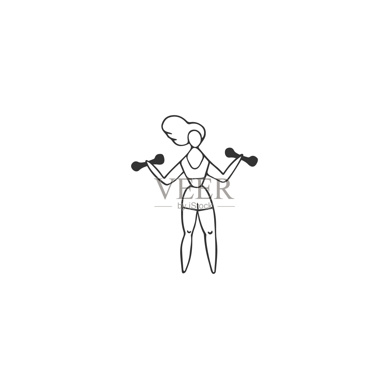 矢量手绘图标，一个女人与哑铃。在体育馆里运动，积极的生活方式。插画图片素材