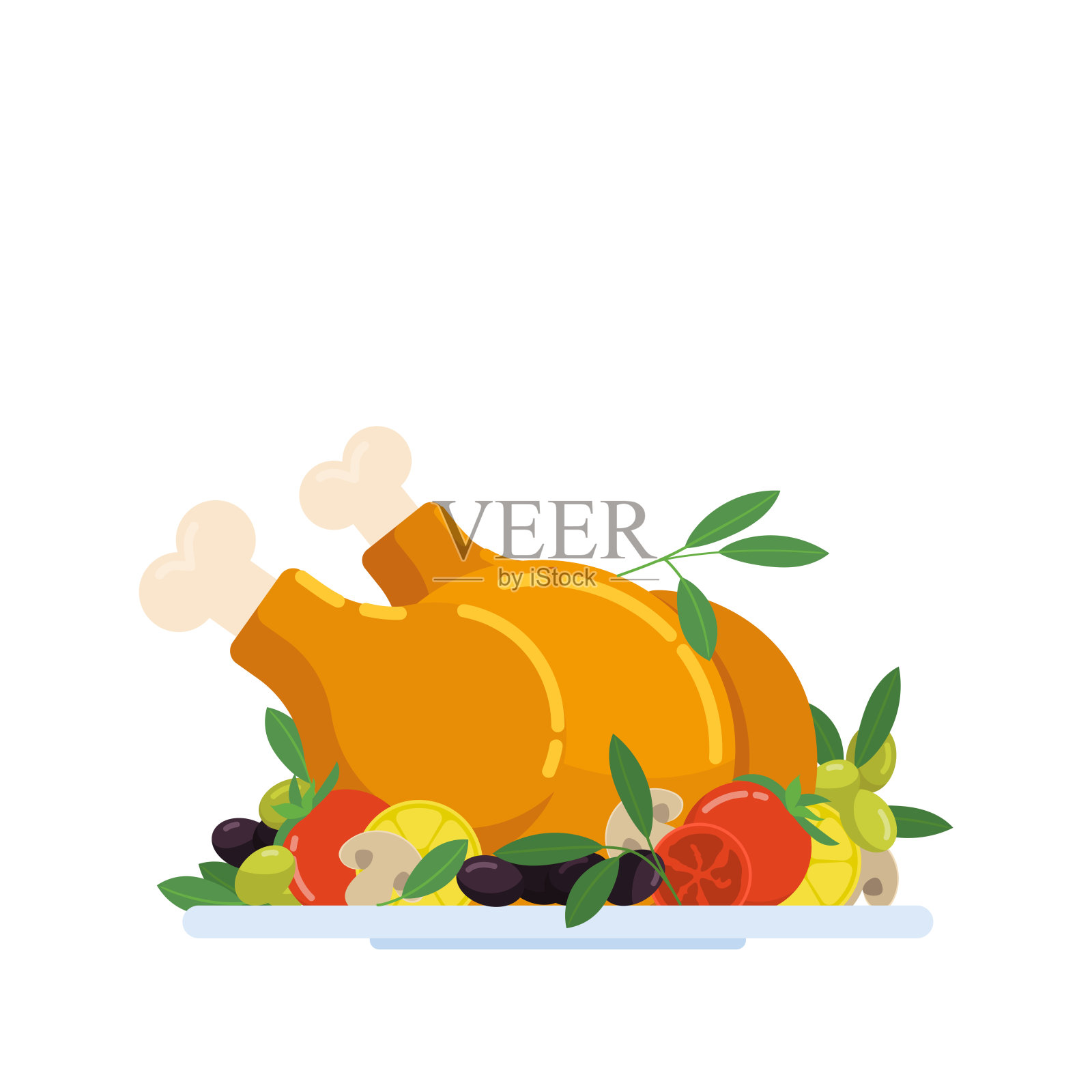 用蔬菜、橄榄和香料装饰的节日烤火鸡/鸡肉。设计元素图片