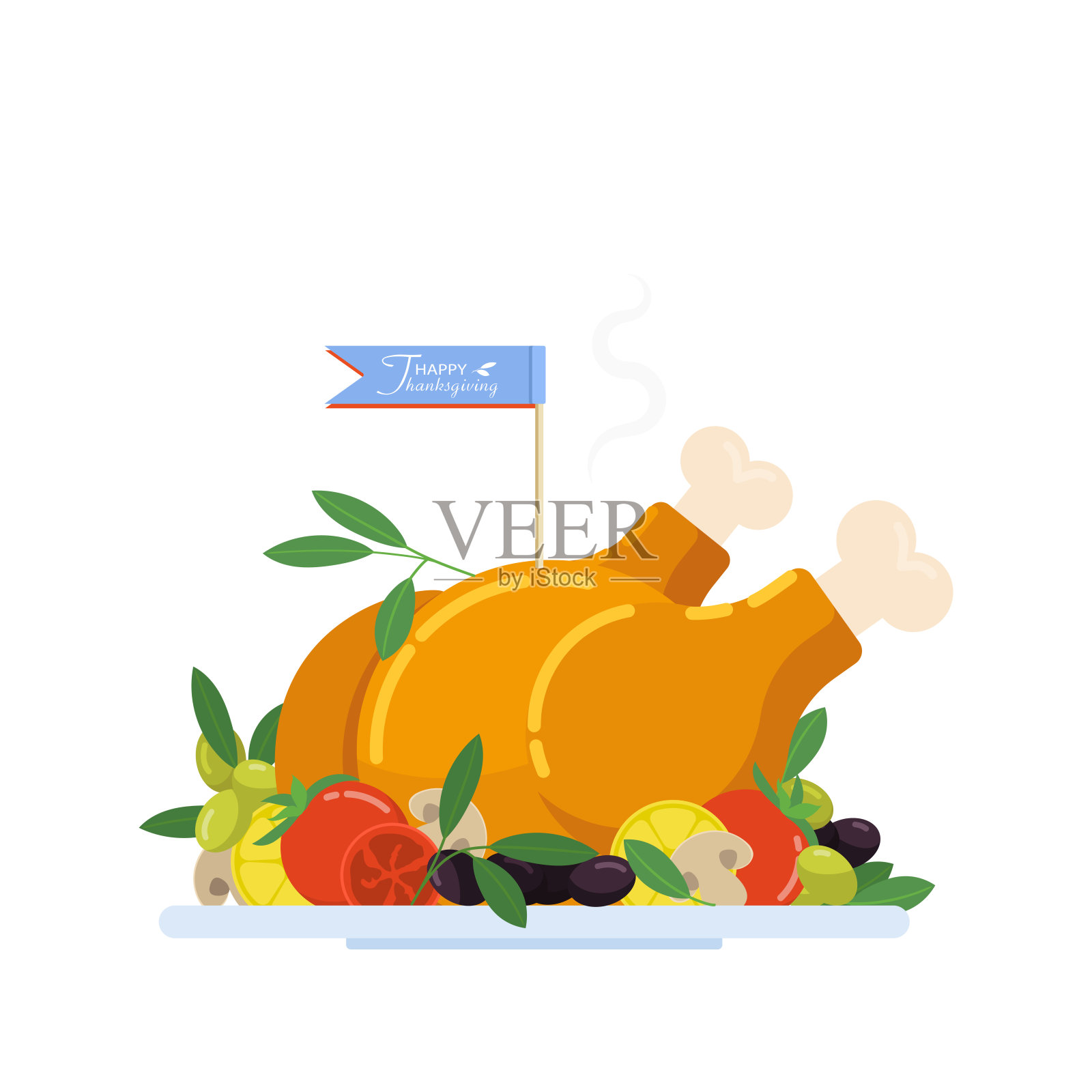 感恩节的烤火鸡是用蔬菜和橄榄来装饰的。蓝旗，祝贺你。设计元素图片