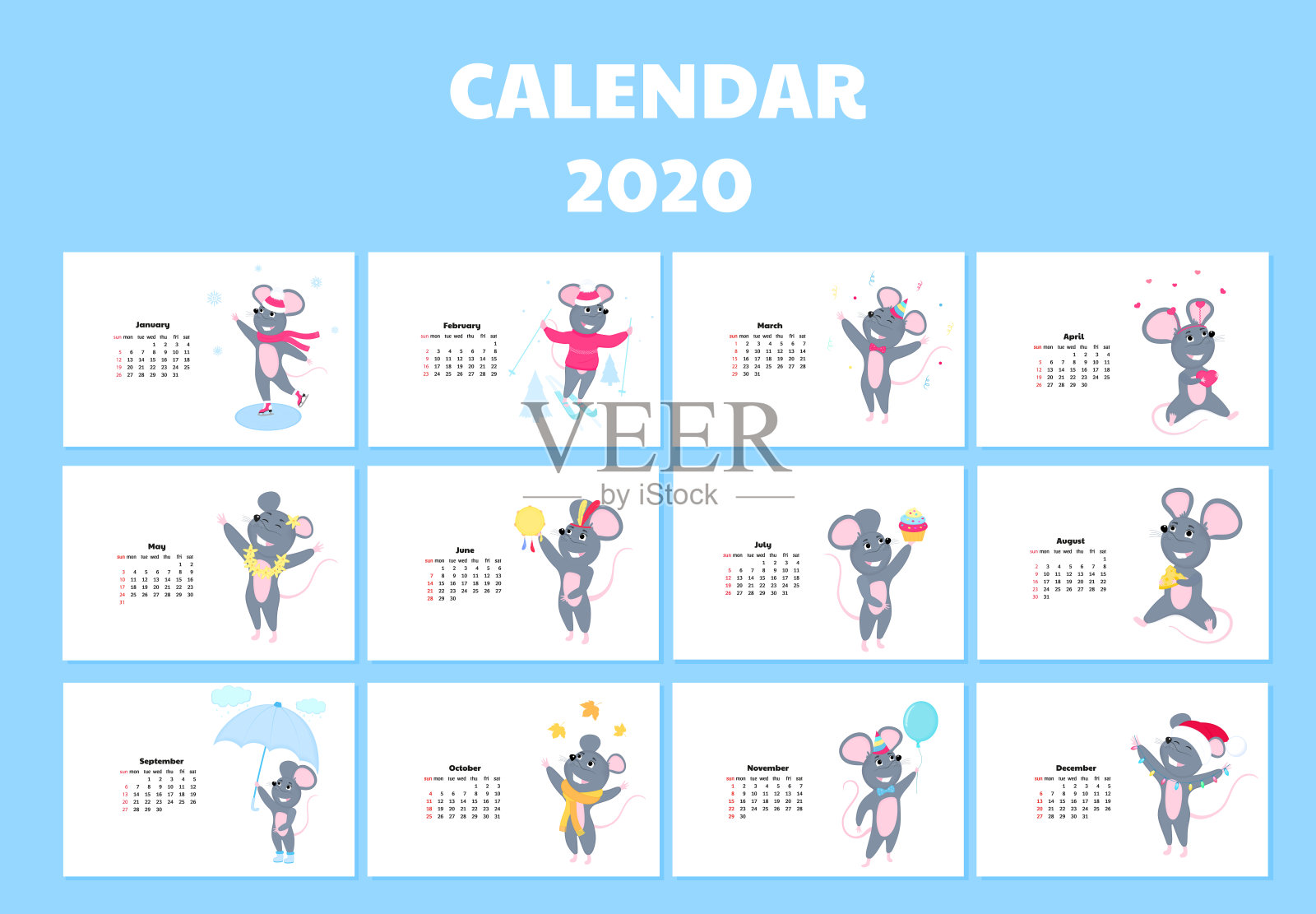 2020年的日历从周日到周六。穿着不同服装的可爱老鼠。中国新年的象征。鼠标卡通人物。有趣的动物。设计模板素材