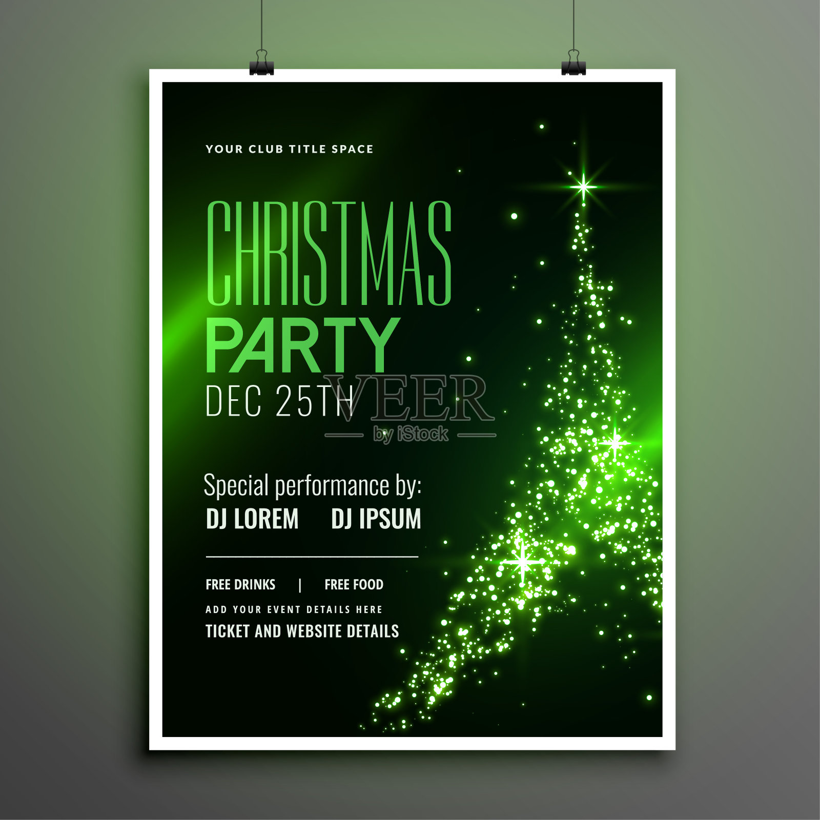 很棒的圣诞派对绿色传单与闪闪发光的树设计设计模板素材