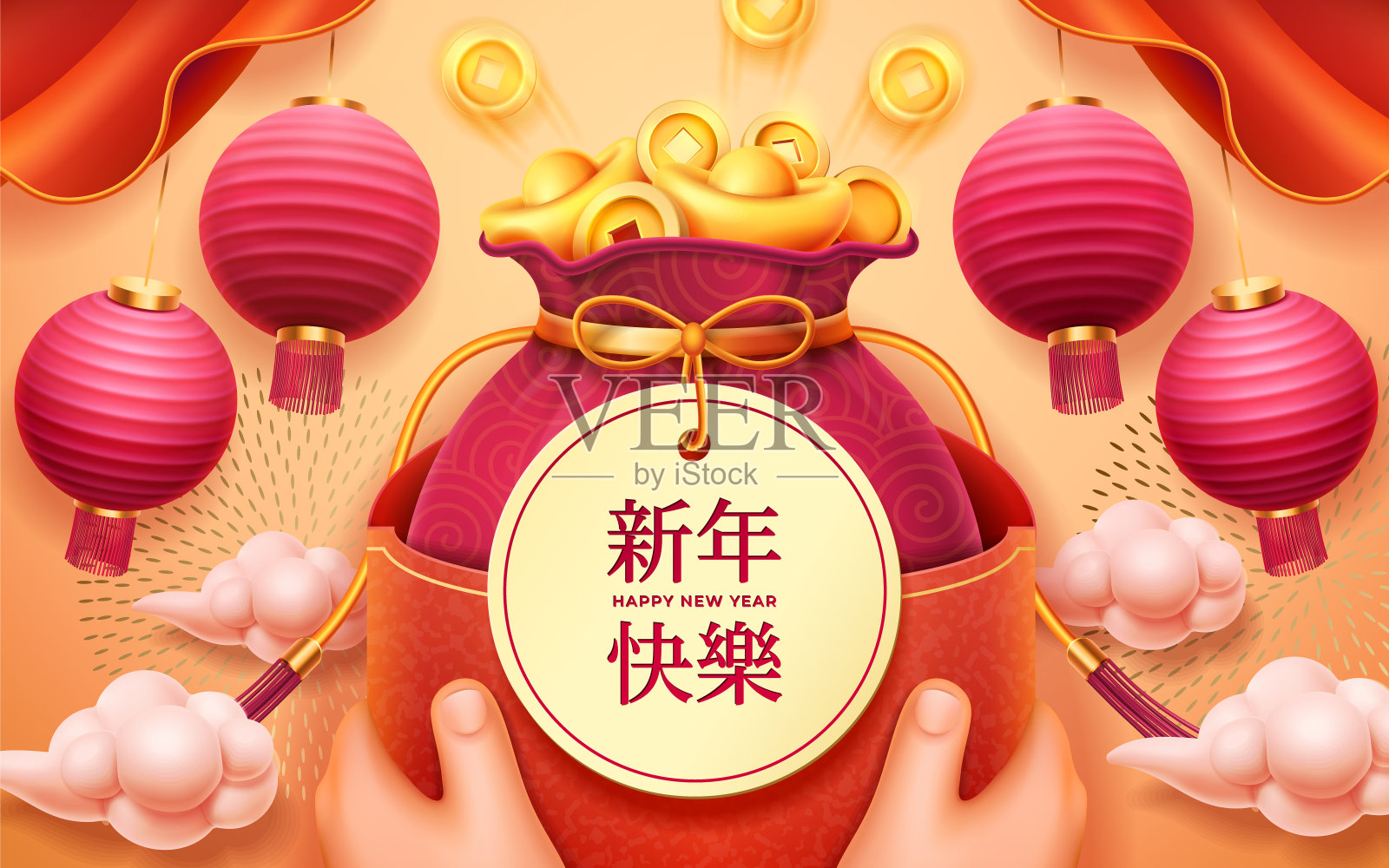贺年贺卡或节日祝福信封封面设计。传统的中国新年象征，红色的纸灯笼，手里的金币袋和金色的烟花云设计模板素材
