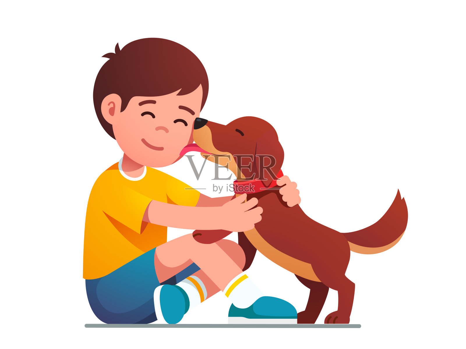 可爱的小狗狗舔着孩子们的笑脸插画图片素材