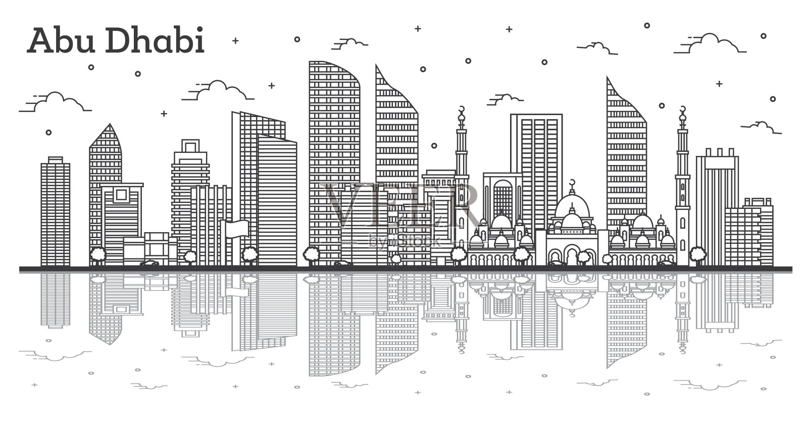 阿拉伯联合酋长国阿布扎比城市天际线轮廓与现代建筑和反射孤立在白色。插画图片素材