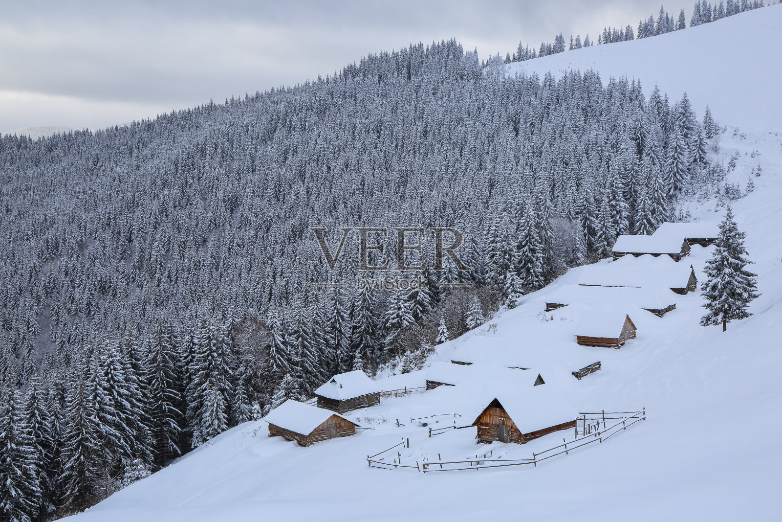 覆盖着积雪的草坪上的旧木屋。雄伟的冬季景色。高山和森林景观。壁纸背景。地点:欧洲，乌克兰，喀尔巴阡。照片摄影图片