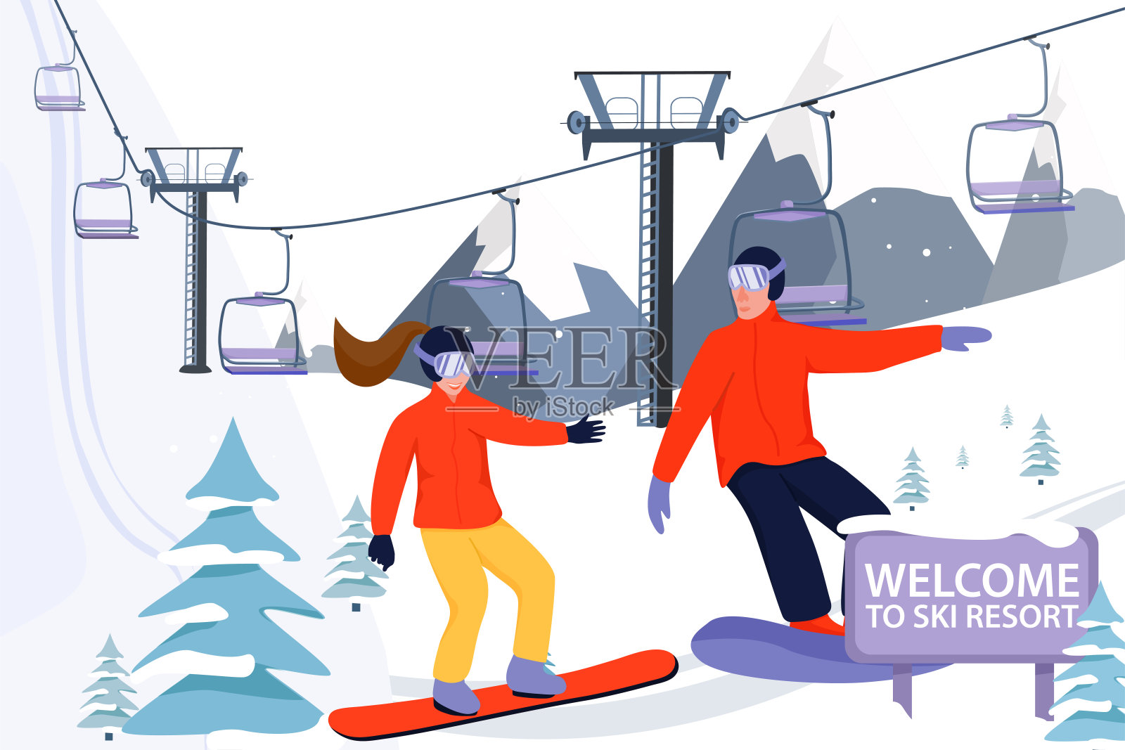 滑雪胜地旗帜插图与滑雪升降机。滑雪板运动员滑下斜坡。在山上滑雪。设计模板素材