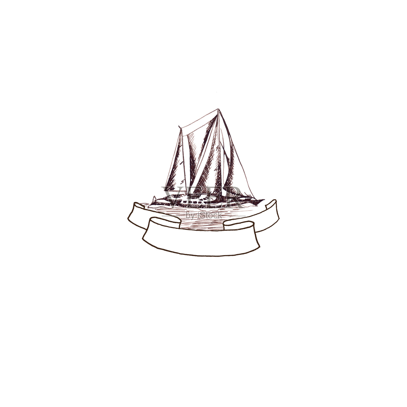 游艇帆船古董古董与丝带框架旋涡棕色墨水手绘插画图片素材
