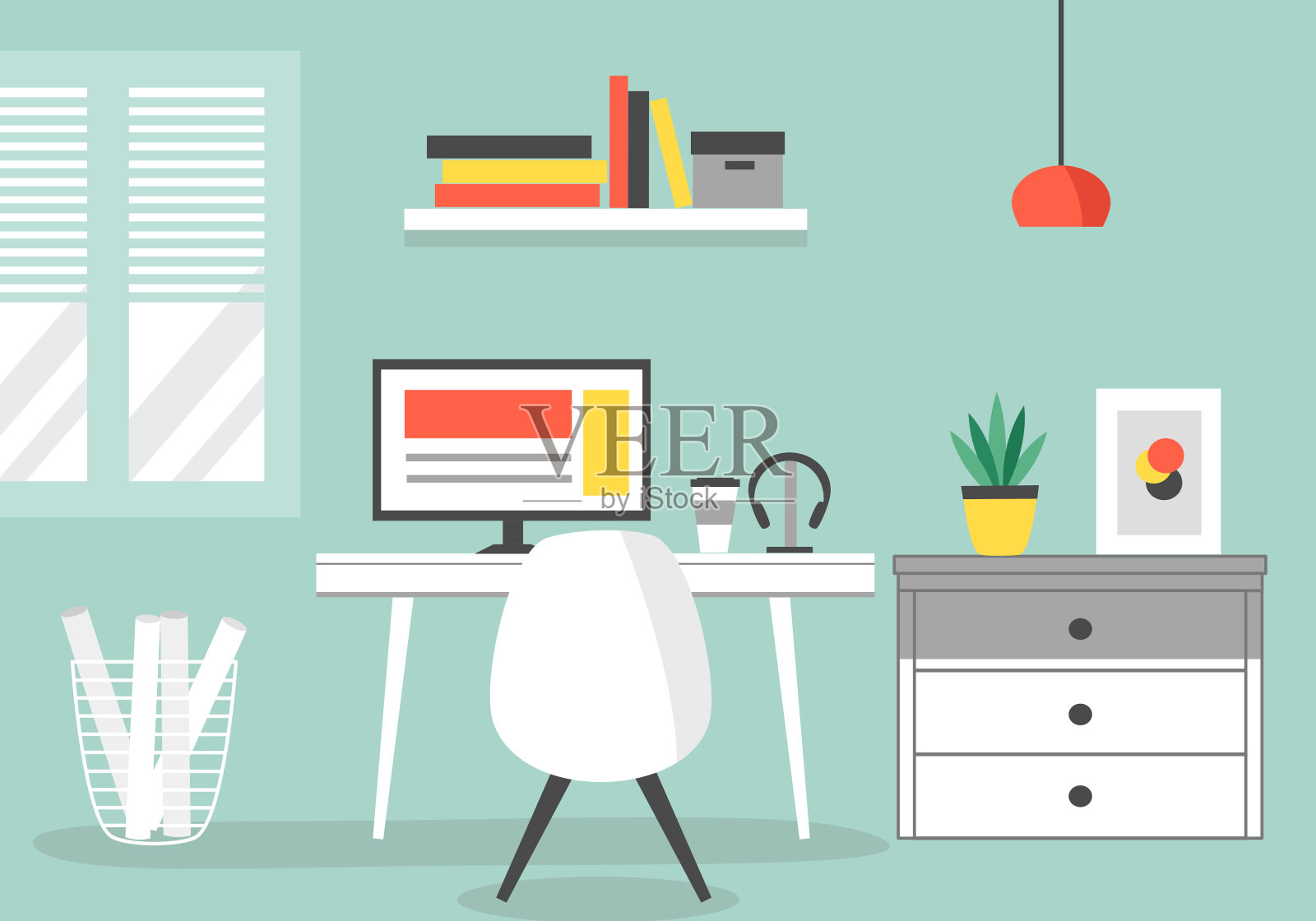 平面设计的现代工作空间与家具和配件。矢量插图创意家庭办公室工作室。插画图片素材