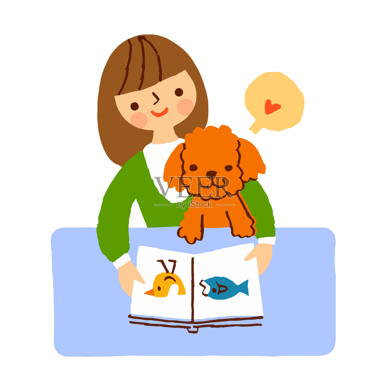 读书的女孩和宠物狮子狗插画图片素材