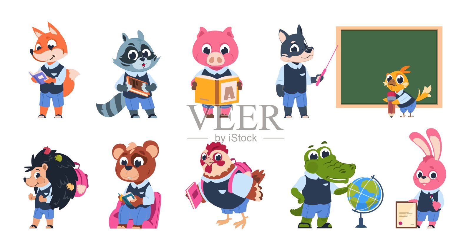 学校动物角色。可爱的卡通动物孩子们在学校拿着书和书包读书和学习。向量有趣的设定设计元素图片