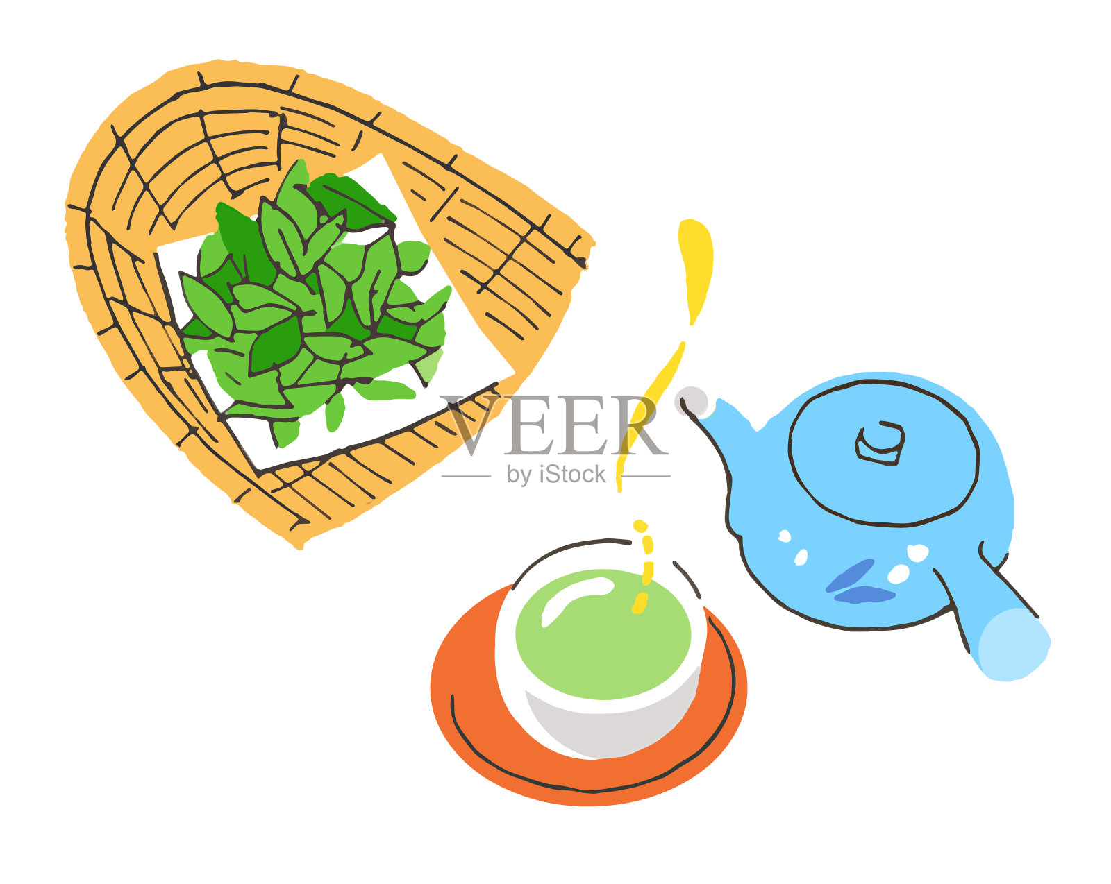 传统的日本茶壶、茶杯和茶叶插画图片素材