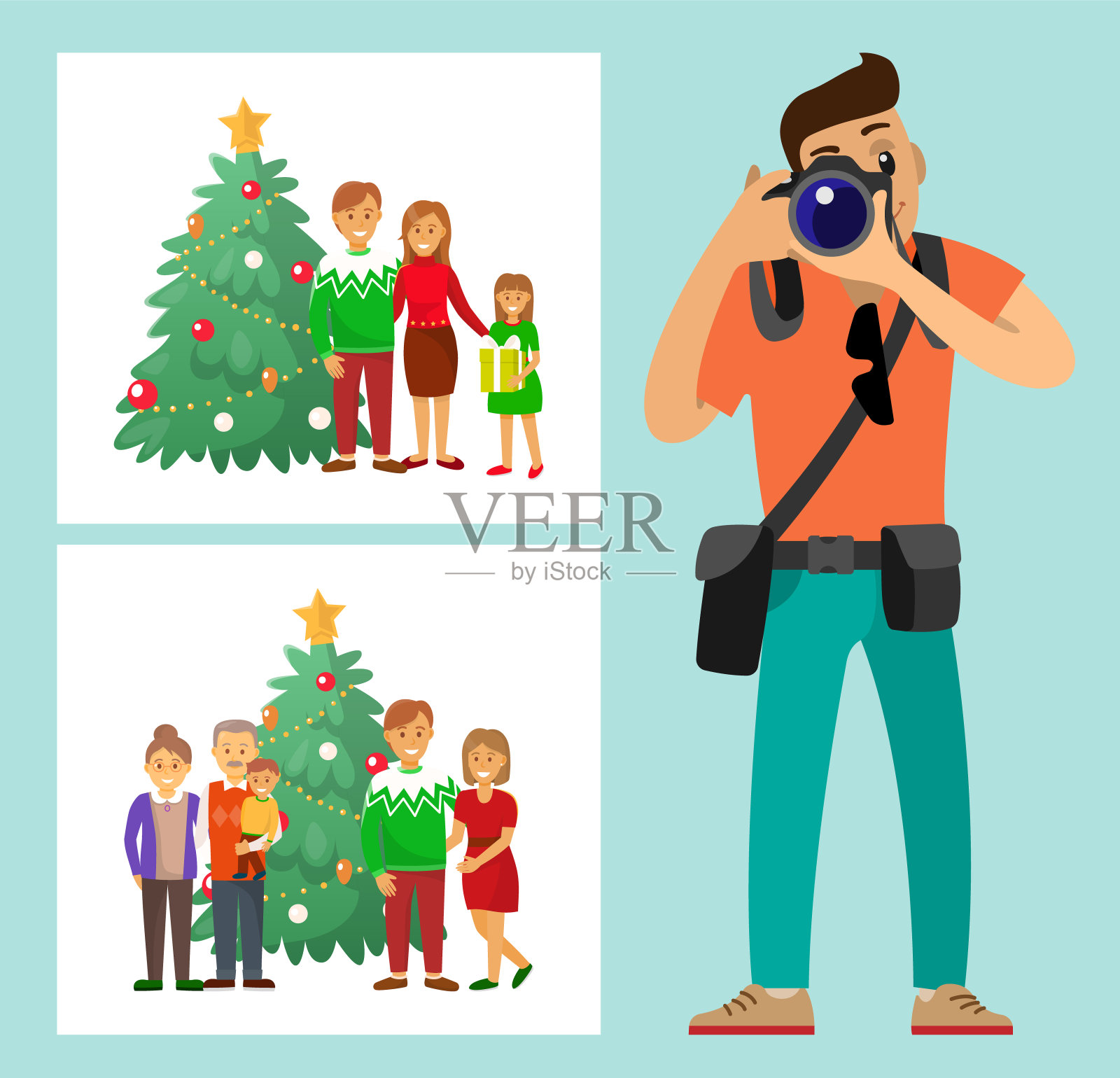 一对夫妇站在圣诞树旁插画图片素材