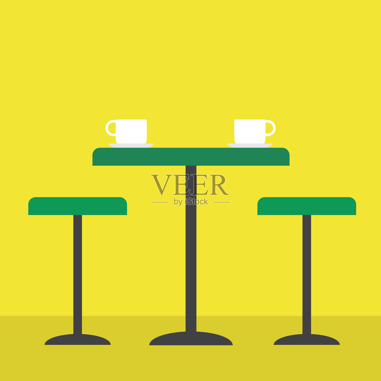 酒吧桌子和椅子。桌上有白色的杯子。平面设计、向量。插画图片素材