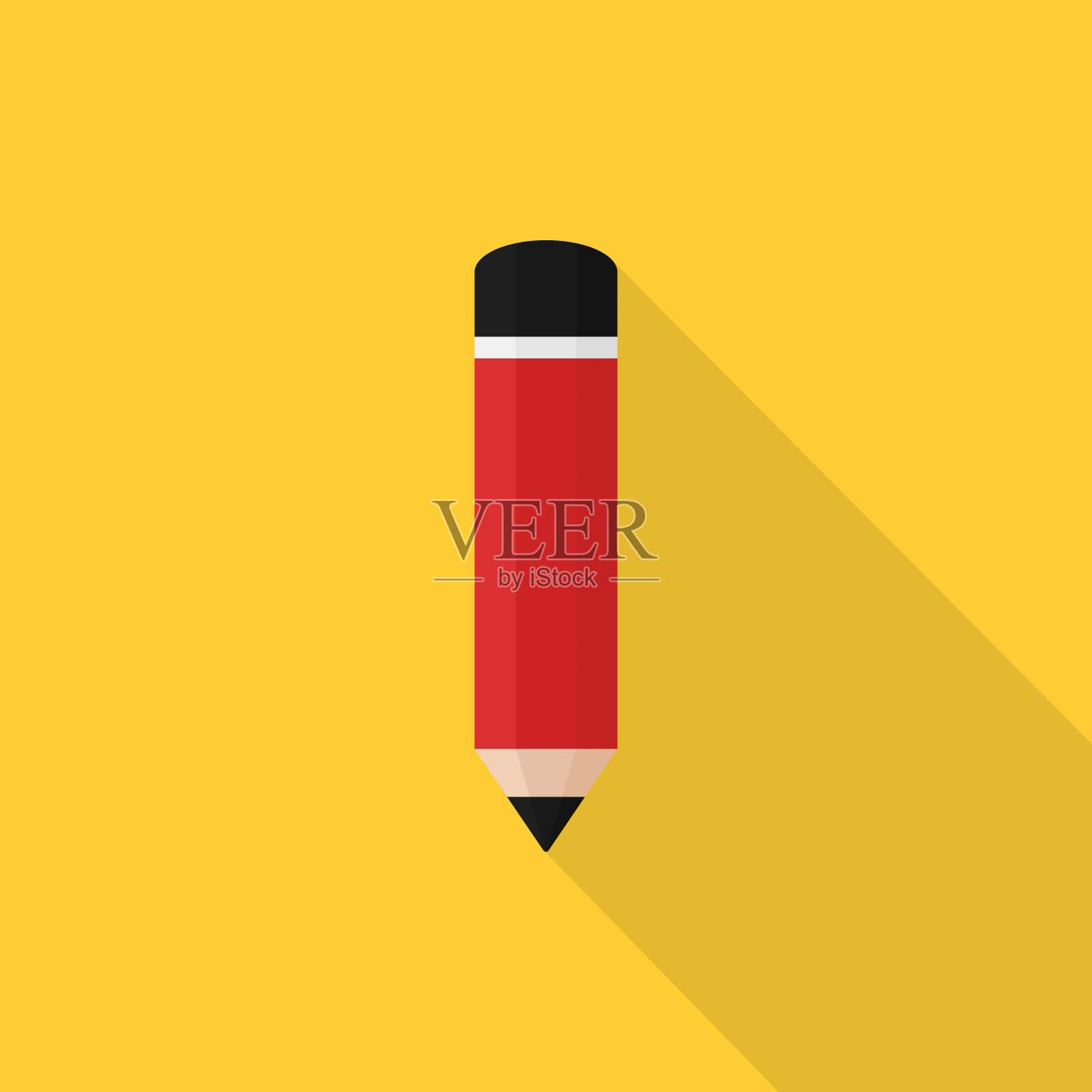 铅笔图标与长阴影在黄色的背景，平面的设计风格。矢量插图eps 10。插画图片素材