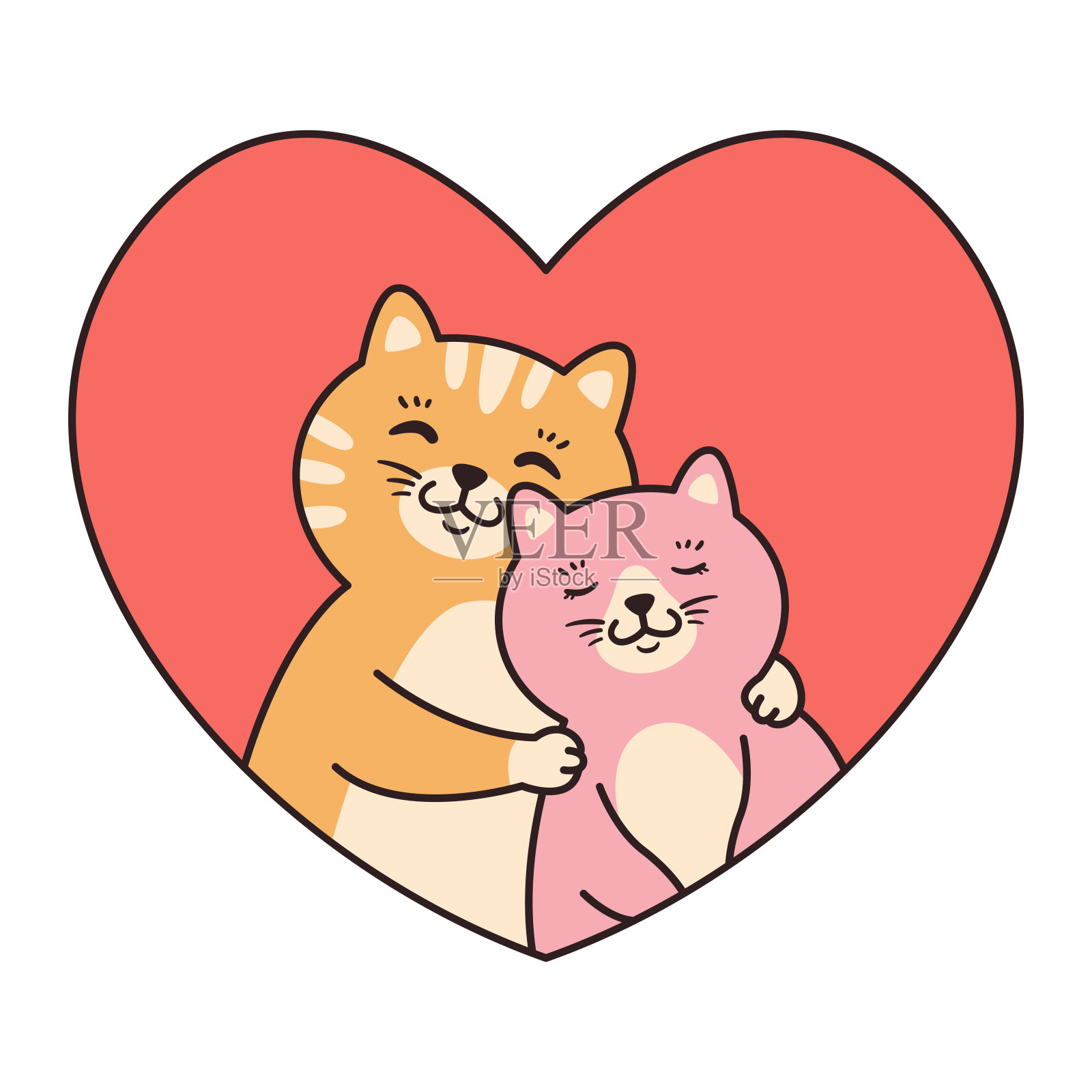 猫咪情侣相爱的拥抱。情人节、生日、母亲节的贺卡。卡通动物角色矢量插图孤立的白色背景。涂鸦漫画风格。设计元素图片