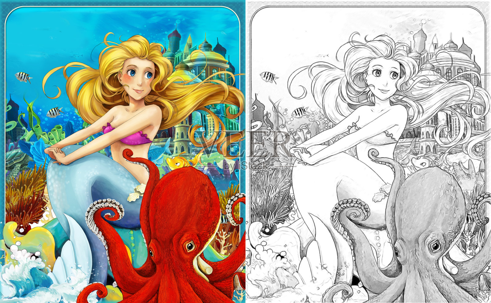 卡通场景与美人鱼公主坐在大贝壳在水下王国与鱼与涂色页插画图片素材