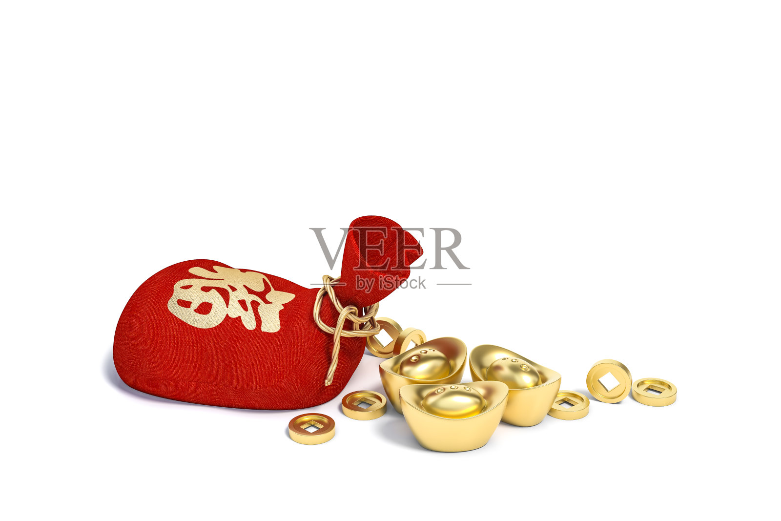 用中文字母写的红包代表赚钱，财富和财富，白色背景上的中国金元宝。3d插图欢迎财富概念。中国新年的节日。照片摄影图片