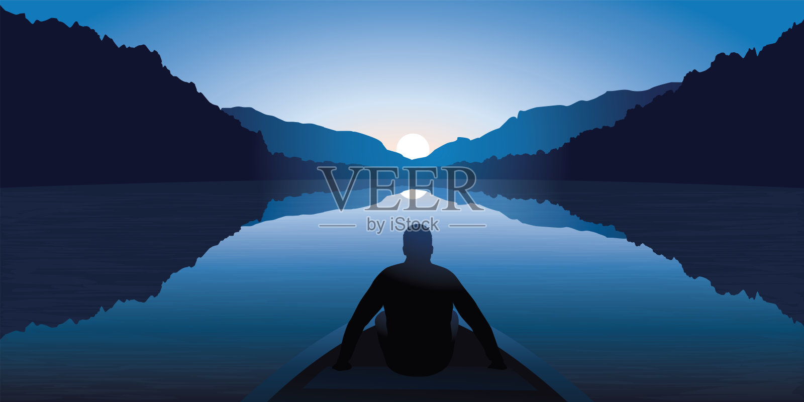 一个男人在船上，凝视着湖面上的日出，在一片壮丽的山景之中。插画图片素材