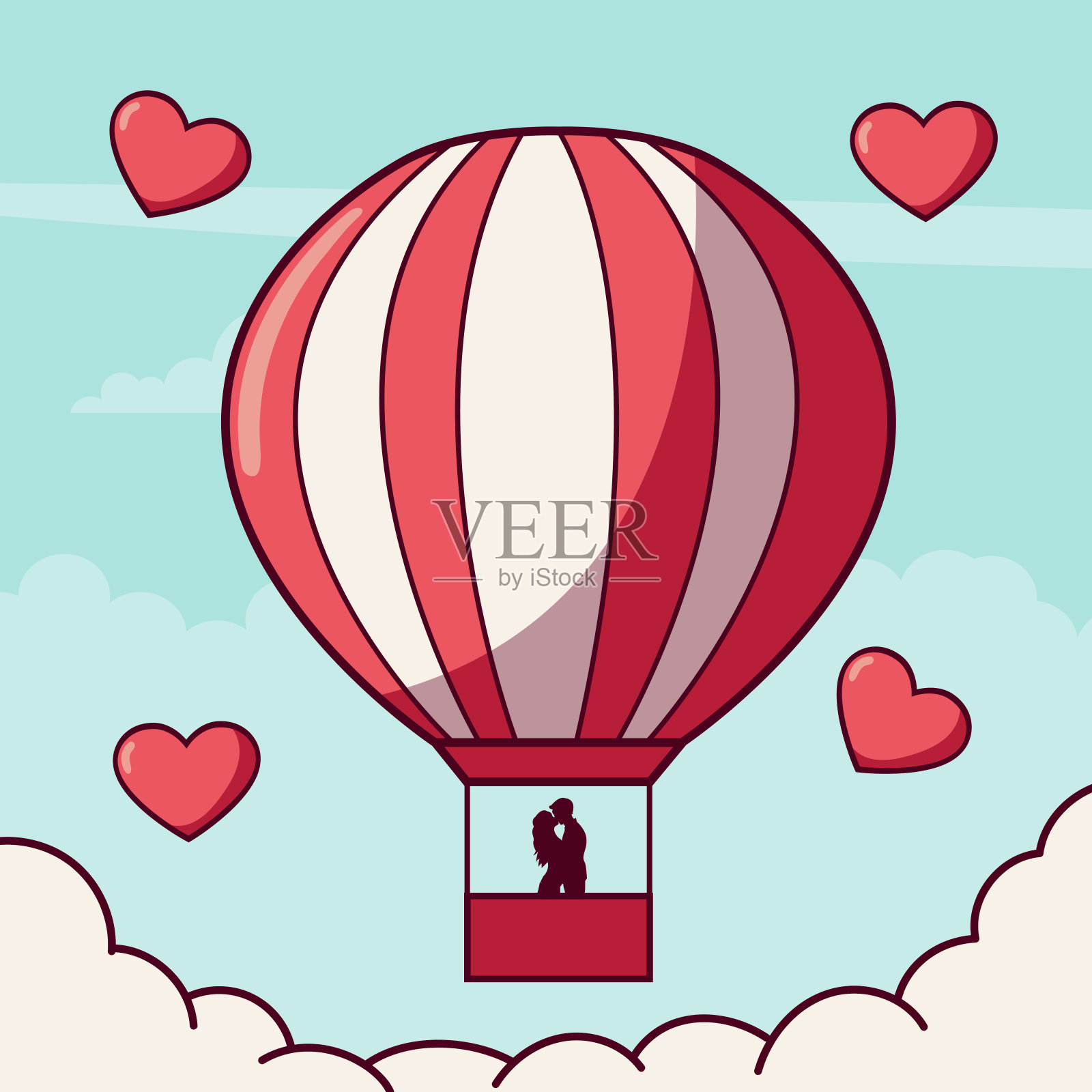 在情人节的热气球上相爱的情侣插画图片素材