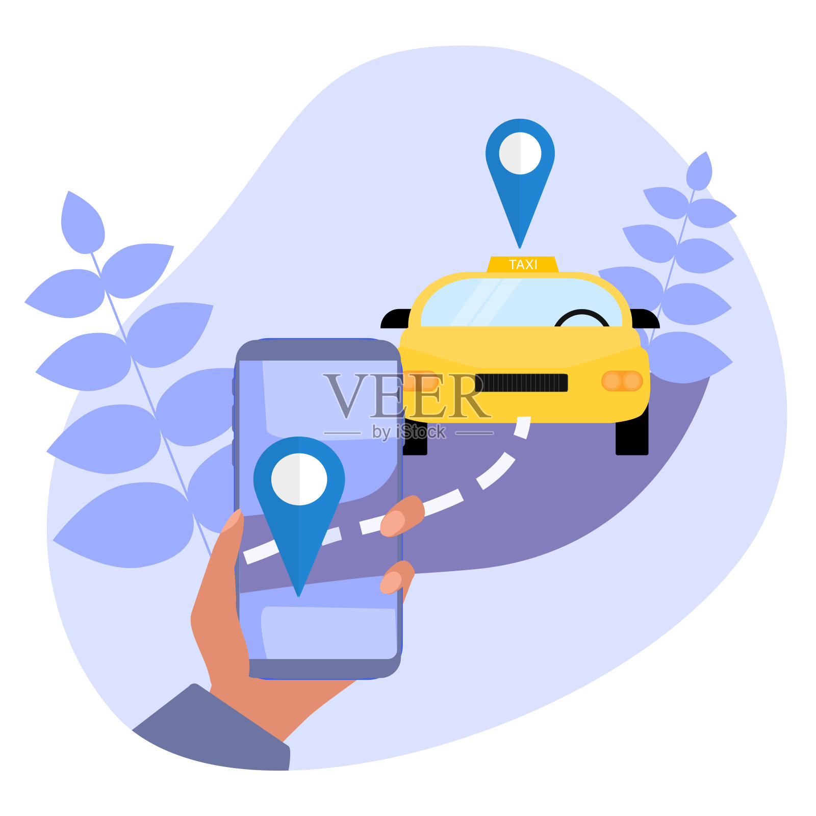 出租车、在线。汽车服务的移动应用程序。手持手机与出租车应用程序。向量概念说明。设计元素图片