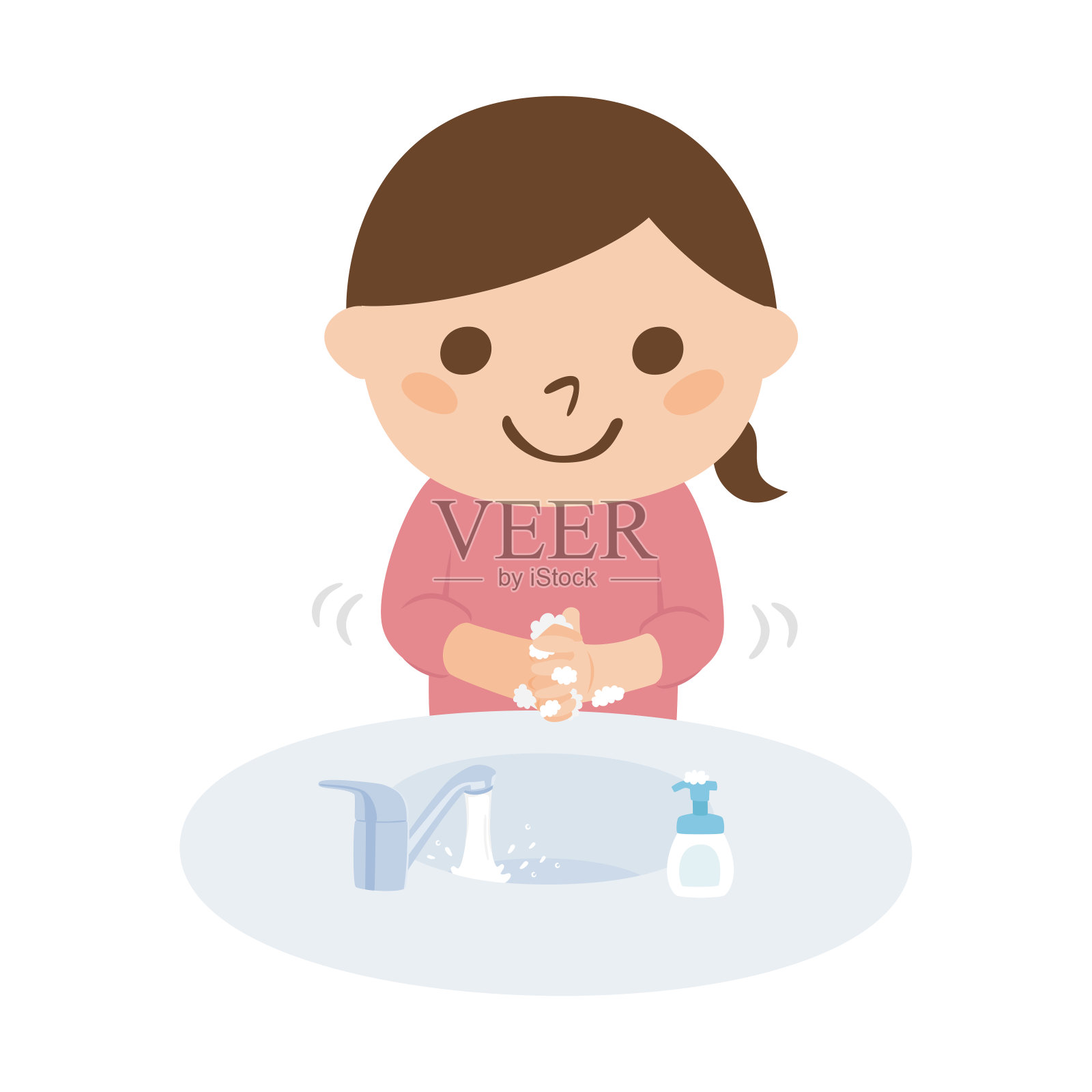 疾病预防说明。一个女孩用肥皂洗手以避免感冒。设计元素图片