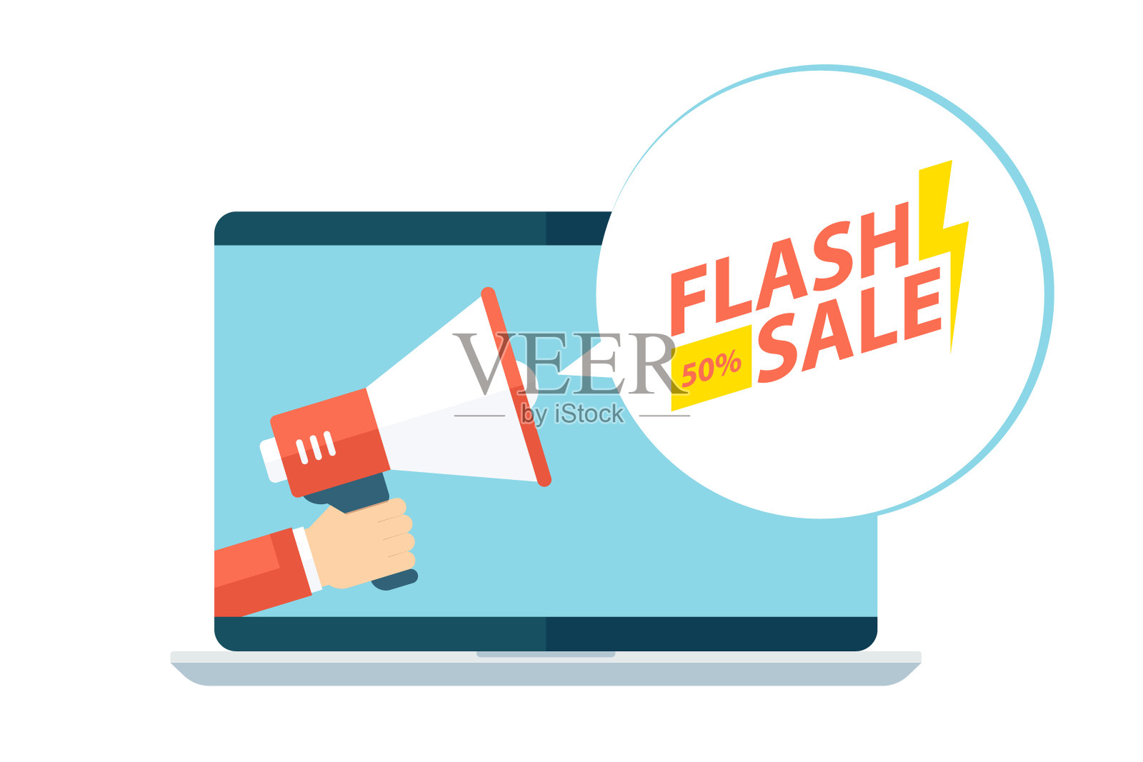 Flash Sale语音气泡手持扩音器从笔记本电脑出来。商业、折扣购物、促销、广告平面设计。设计元素图片