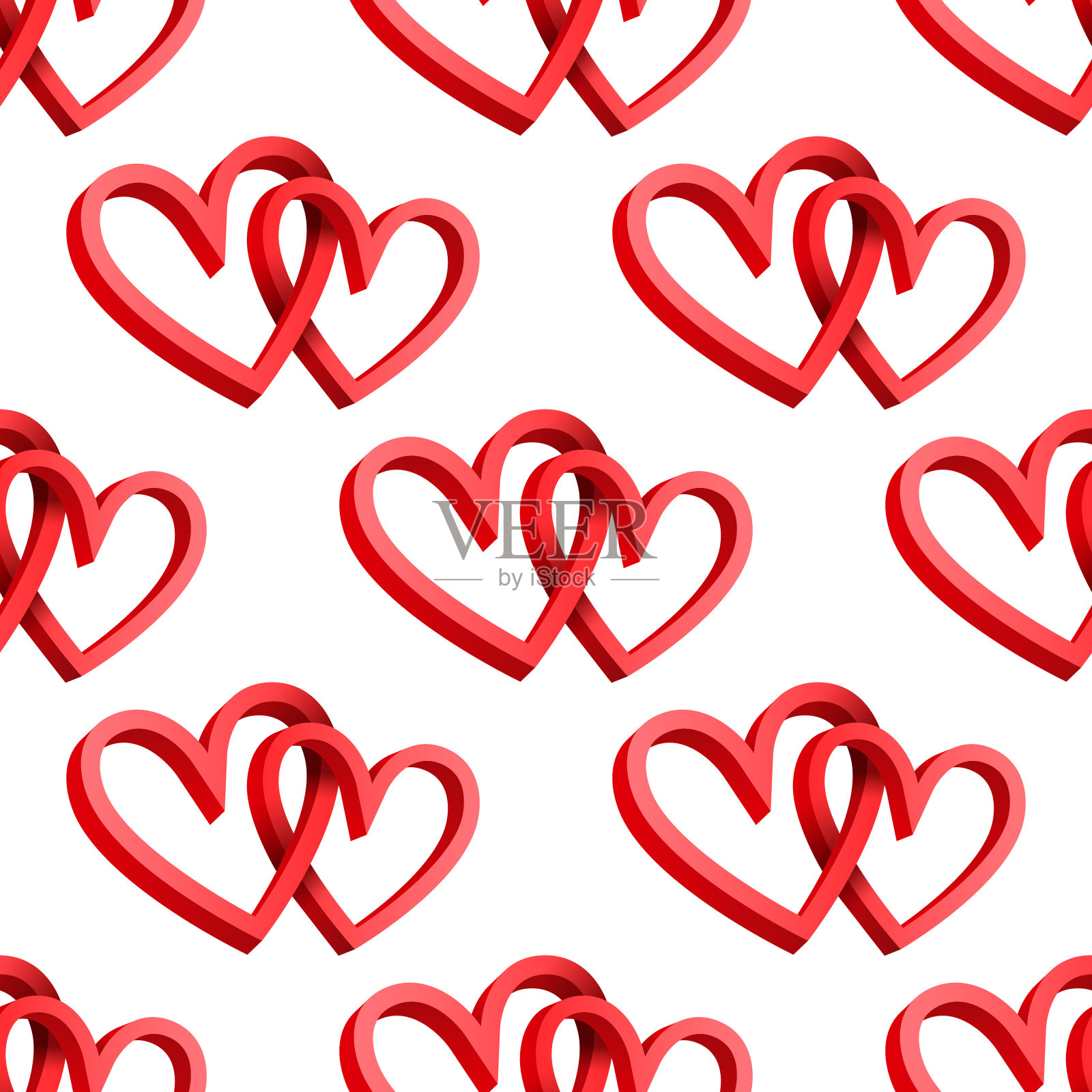 无缝模式3D他和她的心脏。白色背景上的红色孤立心脏图案。两颗心情人节矢量插图。向量元素。爱，红色和白色插画图片素材