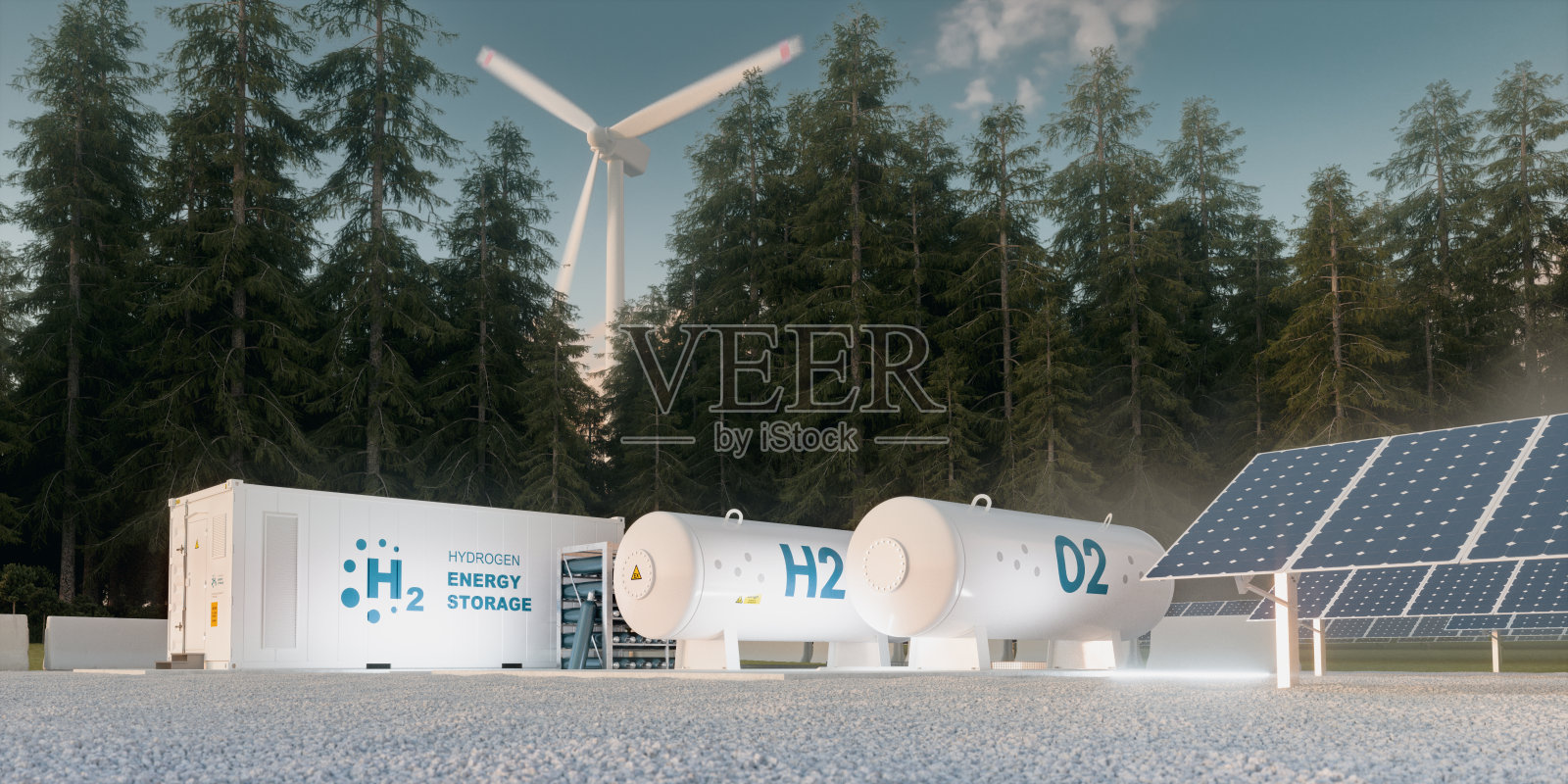 从可再生能源-风力涡轮机和光伏氢能源储存的概念。三维渲染照片摄影图片