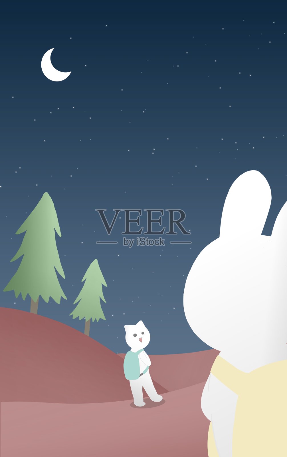猫和兔子旅行在树森林山在半月夜的背景插图插画图片素材