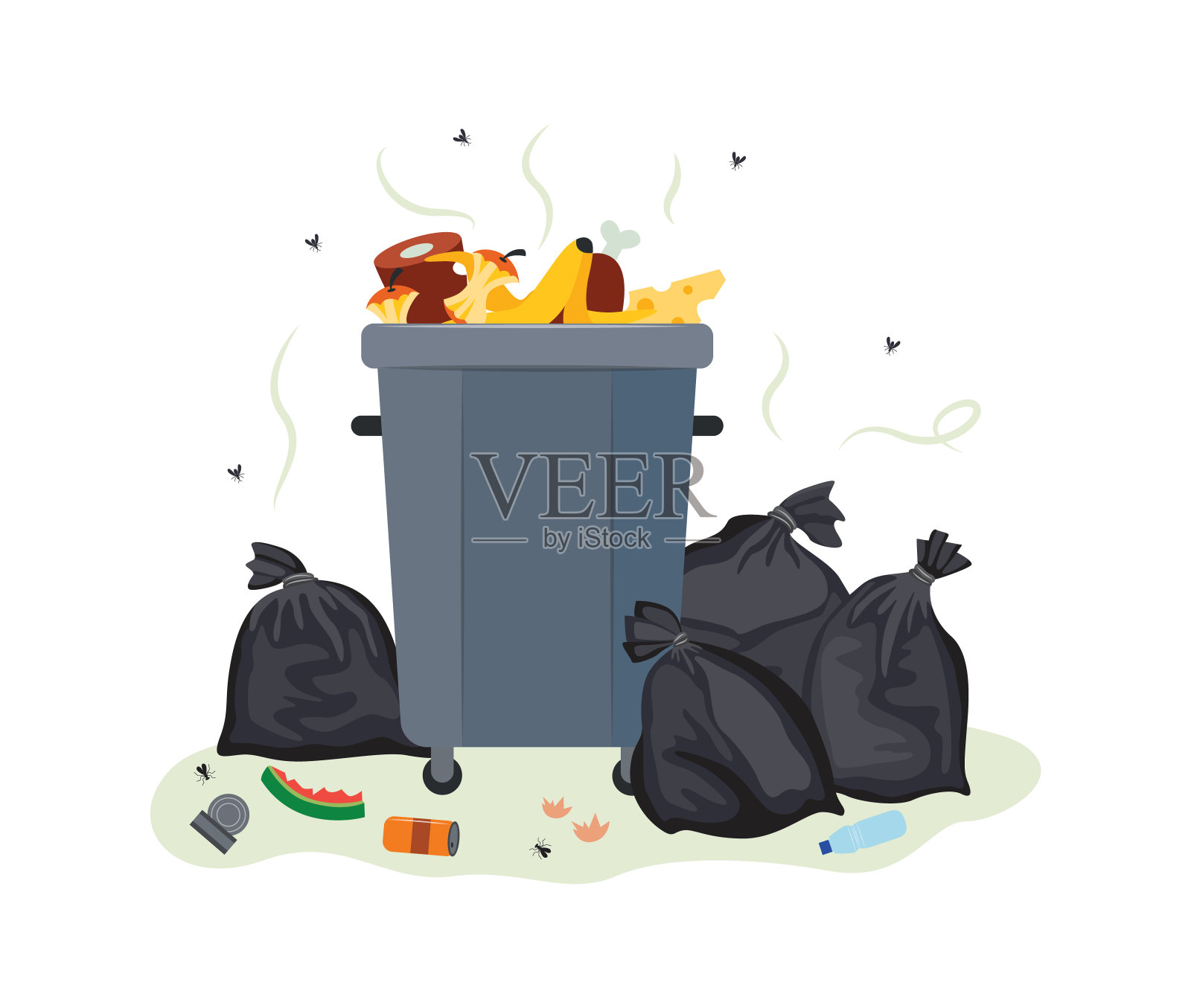 满是食物垃圾的金属垃圾桶——肮脏的垃圾容器设计元素图片
