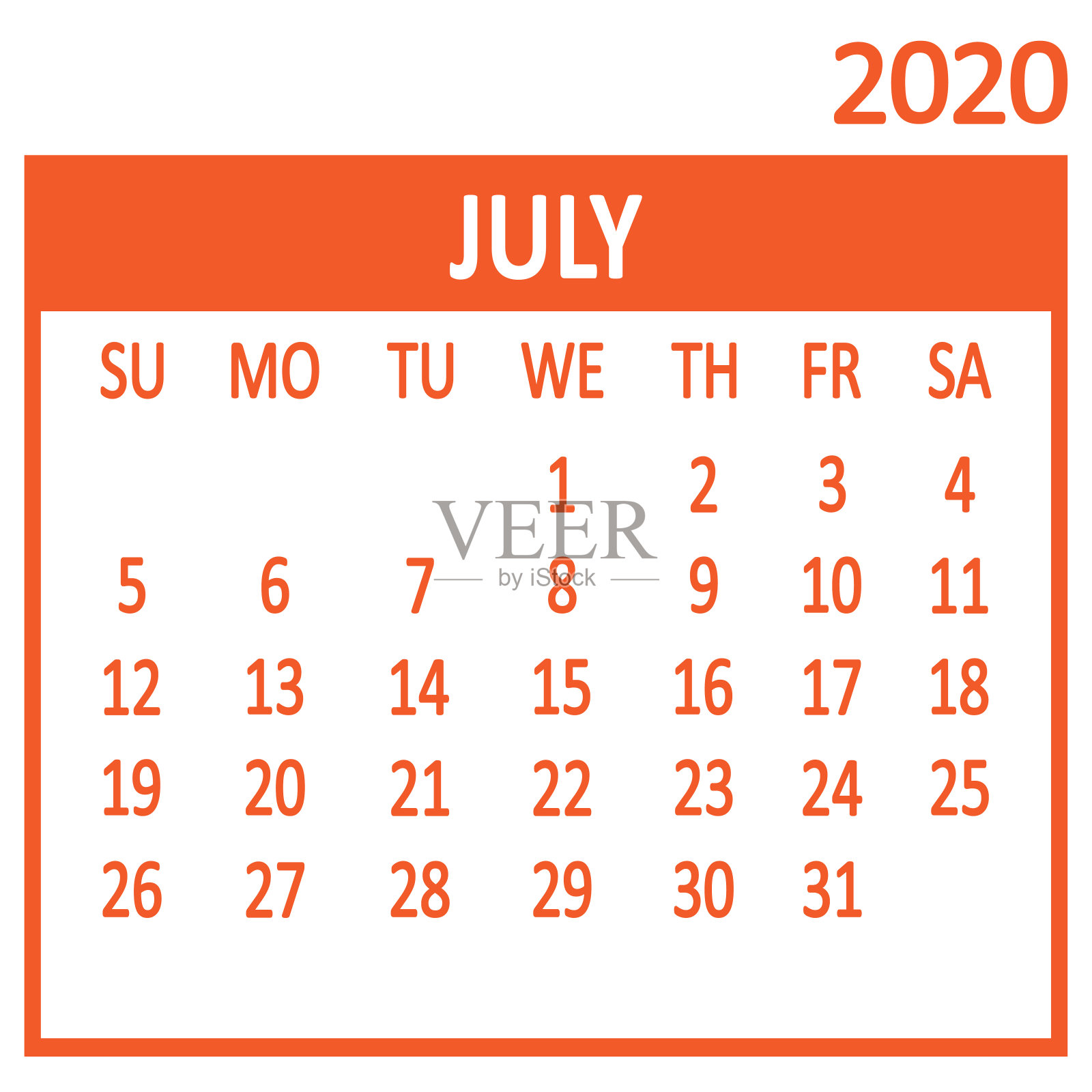 7月。第七页。2020年日历,模板。一周从星期天开始。向量设计模板素材